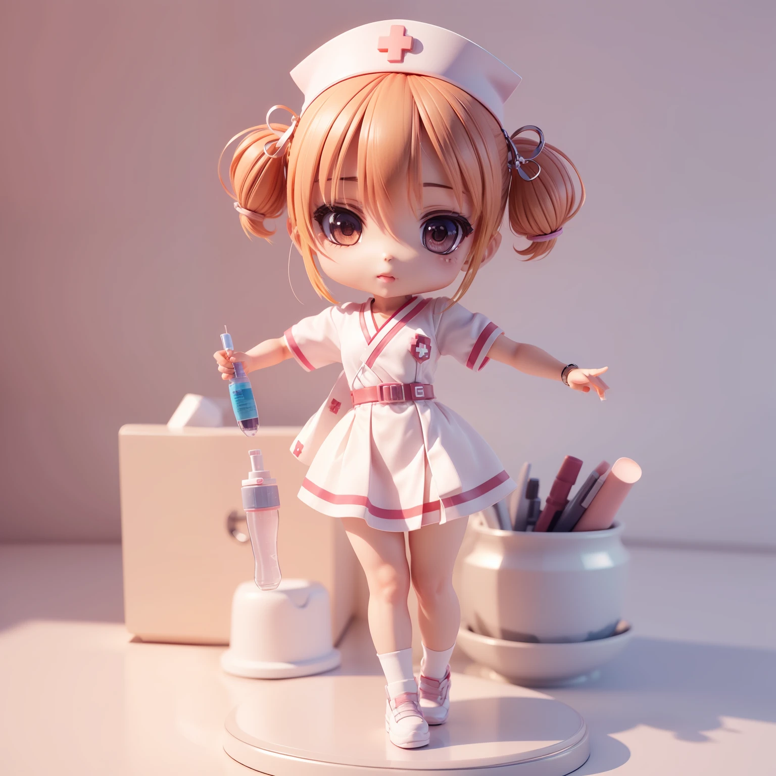 (((Chibi 3D))),Very cute and beautiful Chibi Anime Nurse Costume Style, holding a syringe,Hospital, Background of the examination room, Full body, Dancing, Highly detailed face and eyes, Clearly outlined, Solo,Chibi 3D.
