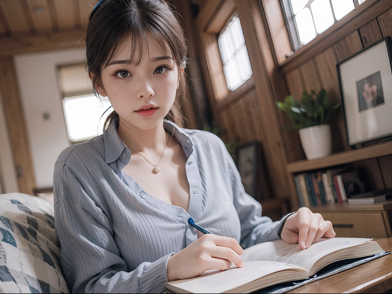 20 yo woman, brunette color hair, Short ponytail hair, thin frame glasses, Thinking face, (Wear an open button shirt, Medium breasts with), Sat down, learn, BREAK BREAK BREAK, lying on sofa, opened book, book, BREAK BREAK BREAK, in living room, Wall decoration, Mini library, glass window, wall clock, BREAK BREAK BREAK, cinematric light, realisticlying, tmasterpiece, Best quality at best, Complex CG,Highly detailed face,High detail eyes,
