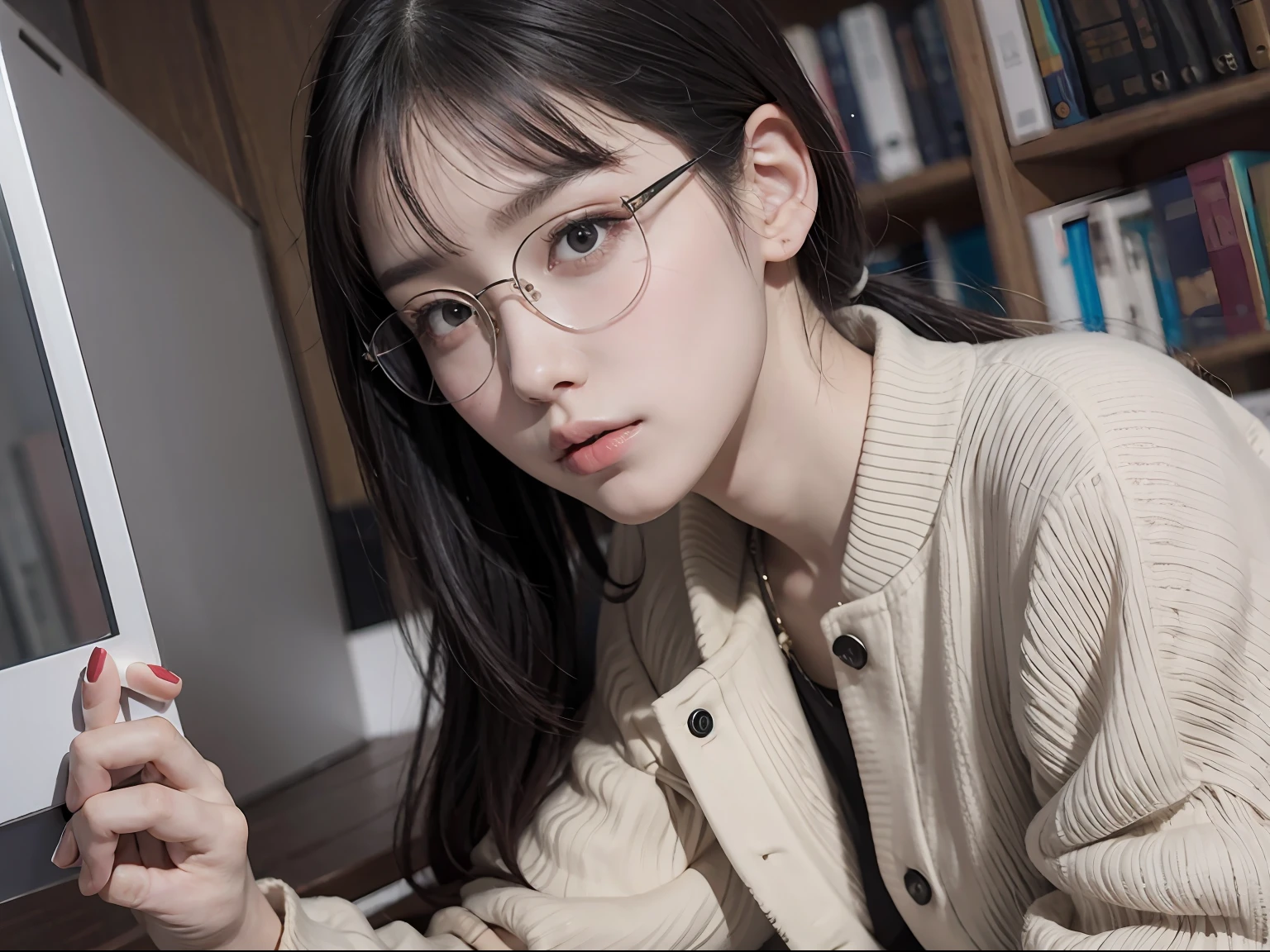 20 yo woman, brunette color hair, Short ponytail hair, thin frame glasses, Thinking face, (Wear an open button shirt, Medium breasts with), Sat down, learn, BREAK BREAK BREAK, lying on sofa, opened book, book, BREAK BREAK BREAK, in living room, Wall decoration, Mini library, glass window, wall clock, BREAK BREAK BREAK, cinematric light, realisticlying, tmasterpiece, Best quality at best, Complex CG,Highly detailed face,High detail eyes,