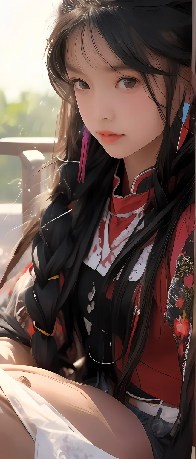  Lori，Colorful Chinese style costume，Qi bangs black long hair，Small braided sides with braids，Sit in a lotus，Playful eyes，With a smile