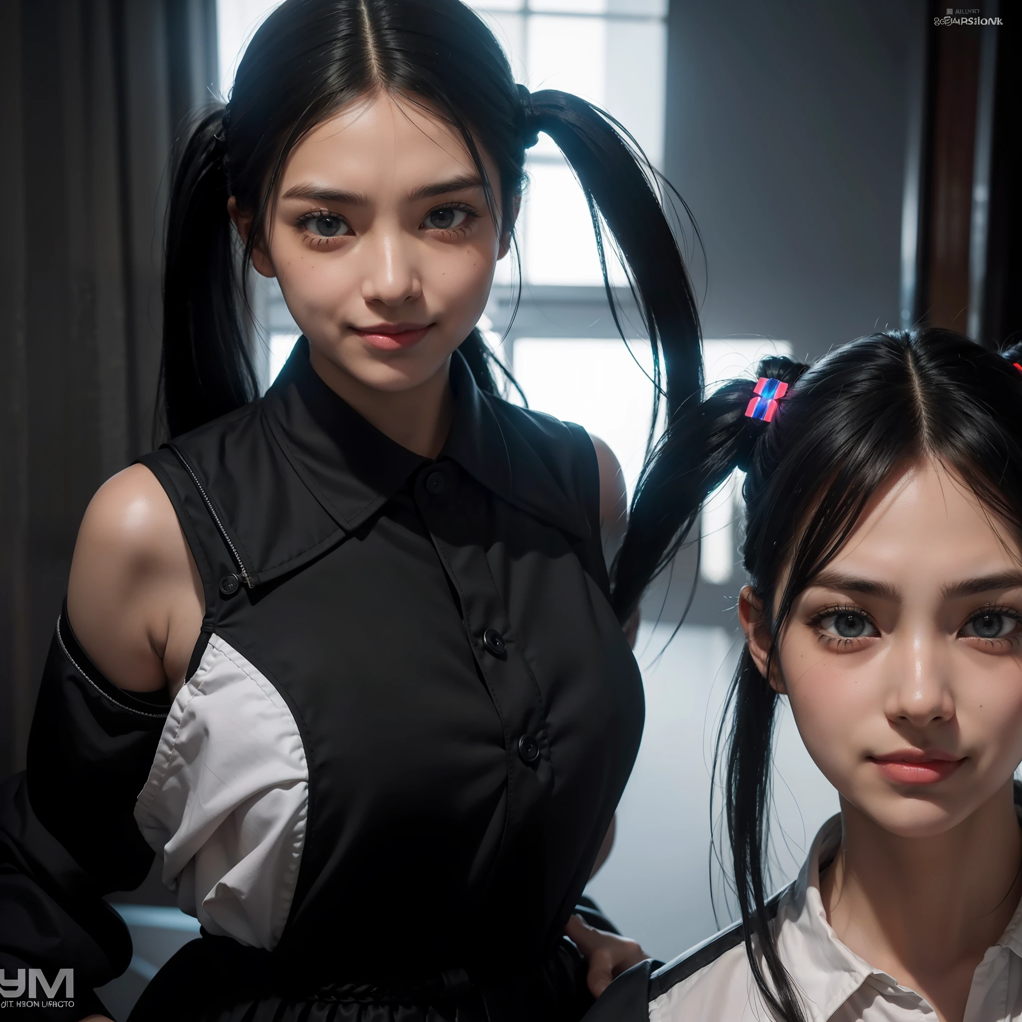 Nervous, flustered, Black hair, braidedponytail, Low Twin Tails, Hair Bow, eyeball, Glowing eyes, Smile, High detail, Cubist futurism, Realism, Chiaroscuro, Ray tracing, Atmospheric perspective, Sony FE GM, Textured skin, Anatomically correct, High details, Super detail, Best quality