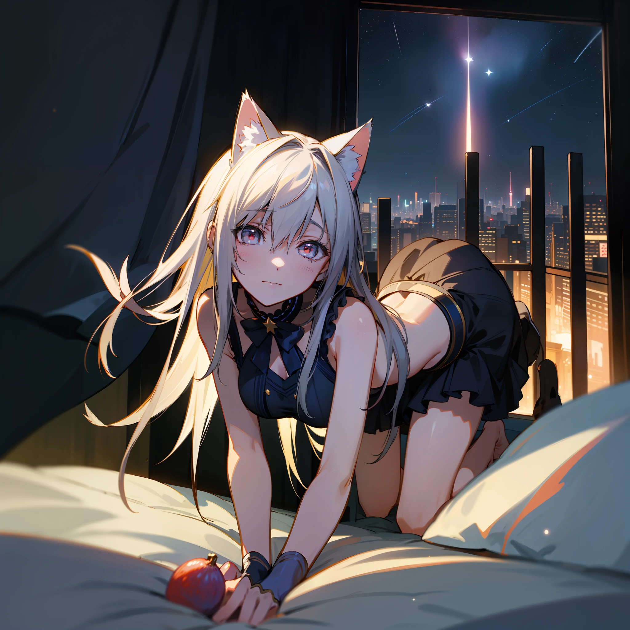 Masterpiece,super detailing,Top quality,the night,long white hair,cat ear,Lots of fruit on the bed,kneeling on a bed,Outside the window are the city lights and starry sky