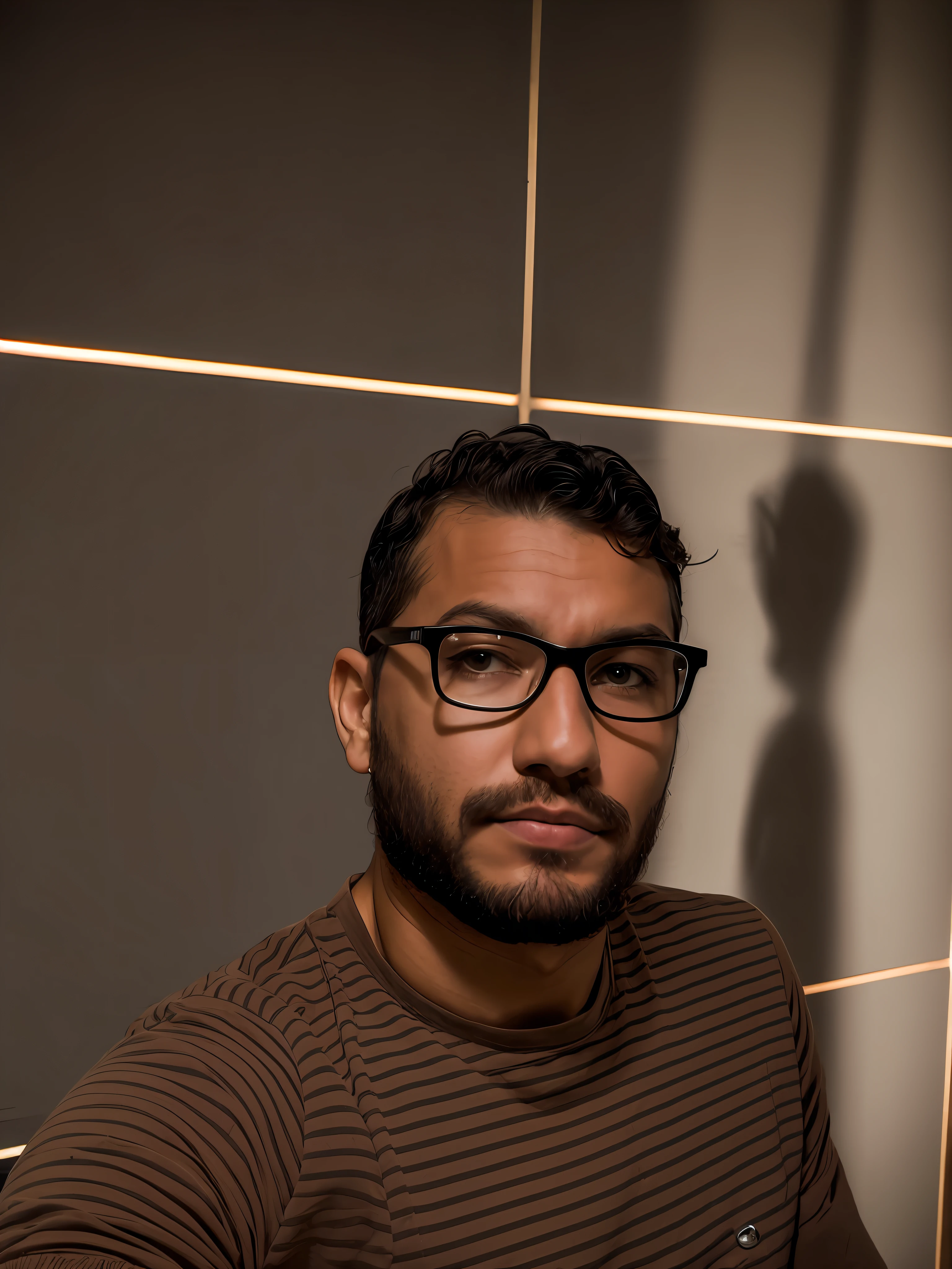 A realistic photograph of a man in berba and glasses in a studio setting.  is sitting in a dark brown leather armchair, wearing a flawless black suit. The focus is on the man's face, capturing every detail of your expression, its unique features and its intensity. The lighting is soft, highlighting the subtle shadows on his face and highlighting his piercing eyes. The surrounding environment is minimalist, com uma parede neutra como pano de fundo, allowing attention to focus entirely on the man. Fotografia, lente full-frame 50mm, --ar 3:2 --v 5