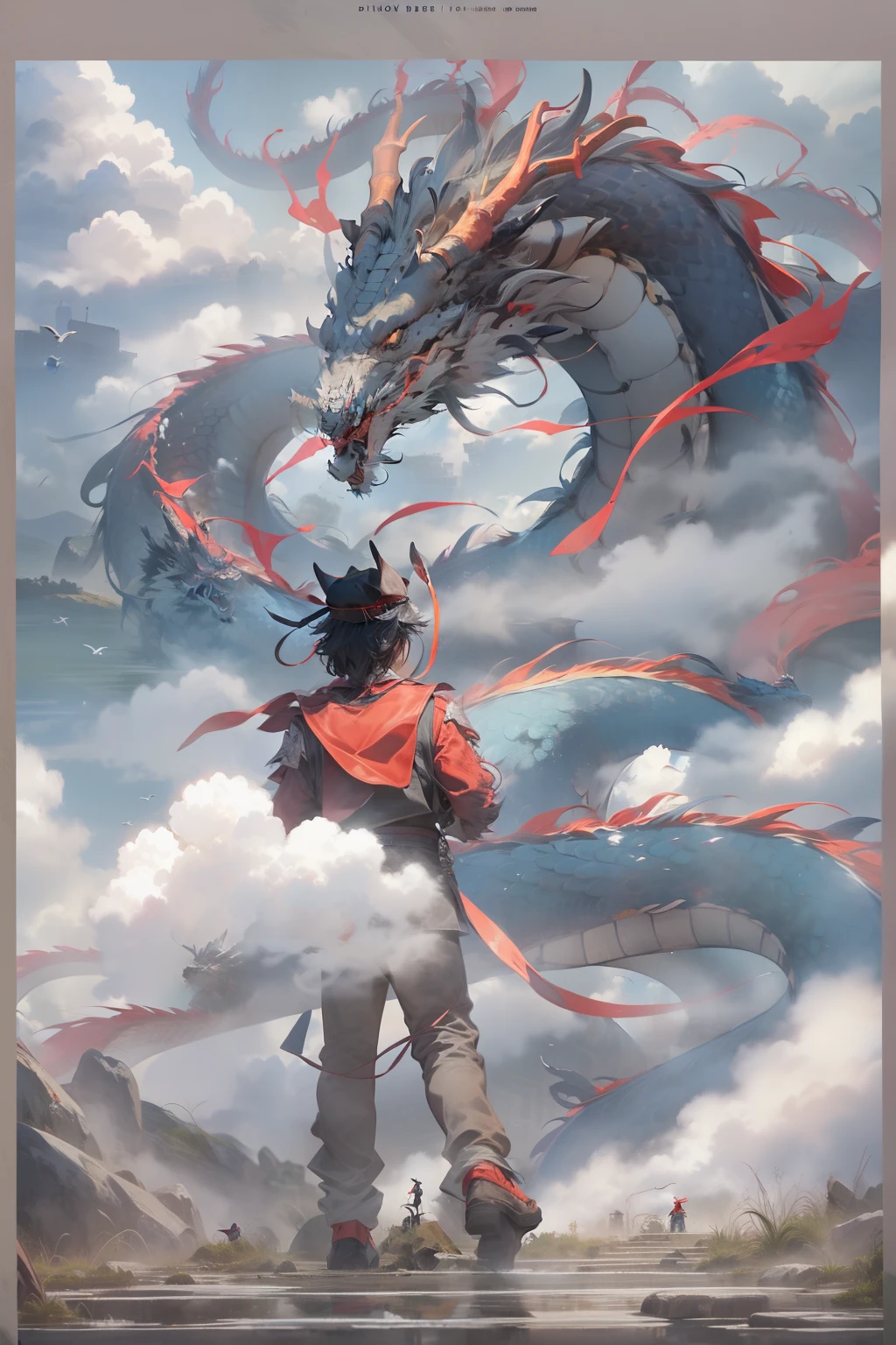 chinesedragon, dragon, letterboxed, holding, outdoors, bird, standing, cloud, 1boy, weapon, from behind, sky, cloudy sky, animal, holding weapon, eastern dragon, monster, 1other, hat, fog