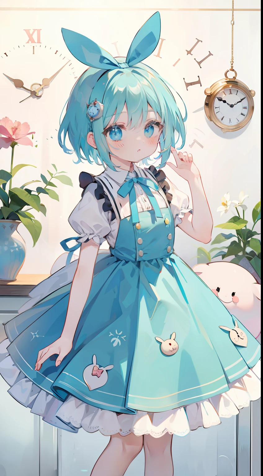 alice in the wonderland、Blue ribbon on head、Alice in Wonderland Costume、Clock background、masterpiece、Top image quality、top-quality、cute little、