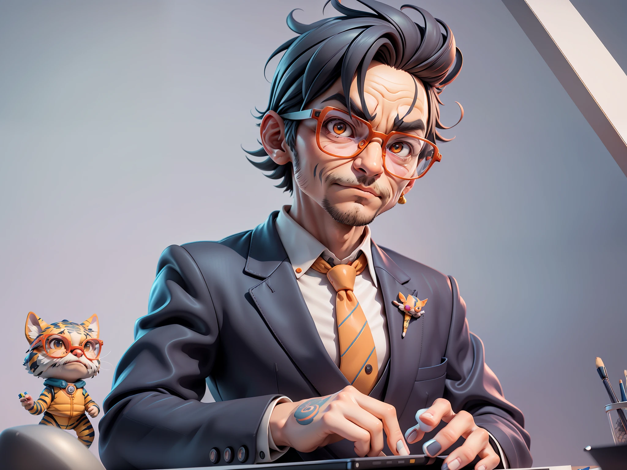 A young man in a suit, Short hair and glasses sat at his desk,holding laptop,digitial painting,tigre,3D character design by Mark Clairen and Pixar and Hayao Miyazaki and Akira Toriyama,4K HD illustration,Very detailed facial features and cartoon-style visuals。