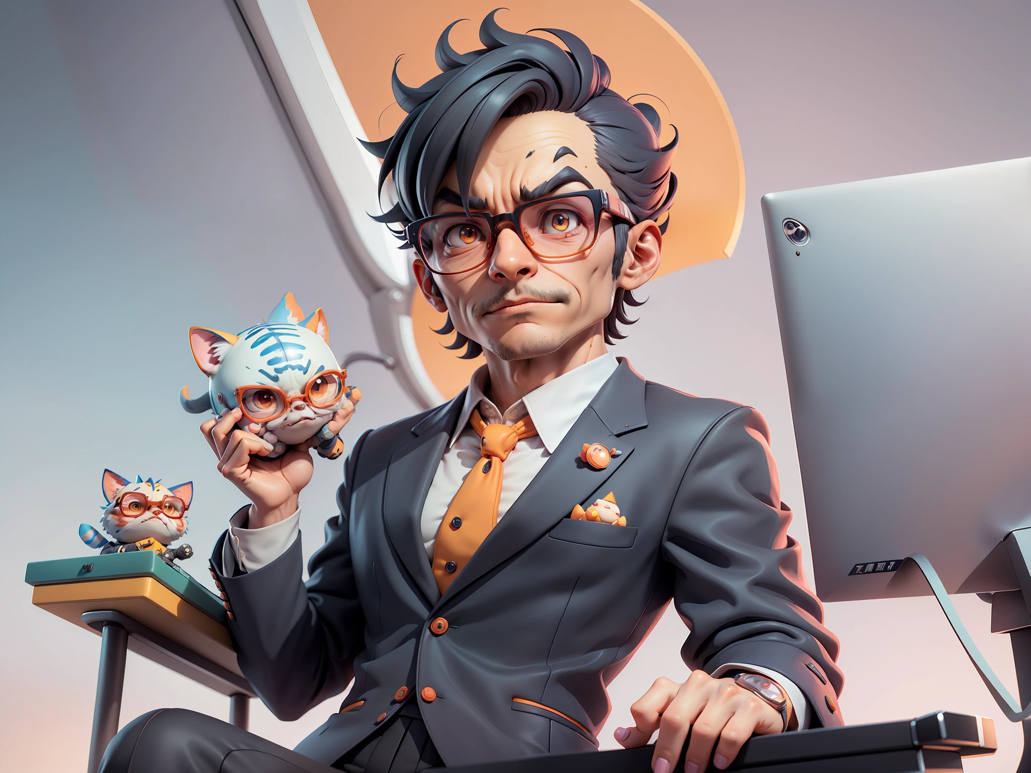 A young man in a suit, Short hair and glasses sat at his desk，holding laptop，digitial painting，tigre，3D character design by Mark Clairen and Pixar and Hayao Miyazaki and Akira Toriyama，4K HD illustration，Very detailed facial features and cartoon-style visuals。