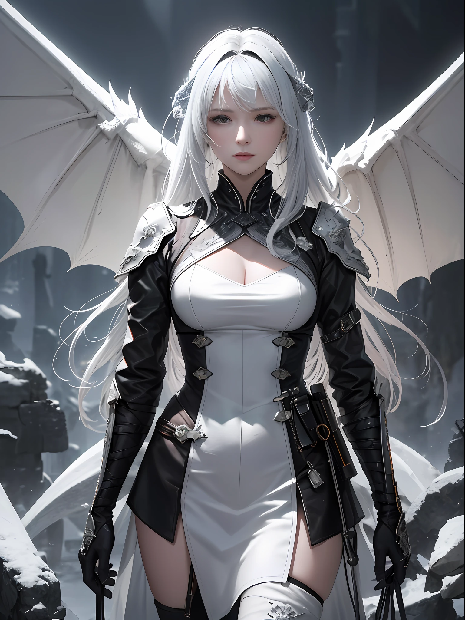 Photorealistic, Ultra photo realsisim, Extremely detailed, ultra - detailed, Soft lighting, Detailed background, Extreme detail background, sharp detailed, ((full bodyesbian)), woman，solo person，Dragon's horn，Bat wings，fog atmosphere，Leather clothes，Tattooed with，wildness，White color hair，Contre-Jour，Snow-capped mountains in the background，photorealistic portrait，dynamicposes，dramatics，hdr（HighDynamicRange）,Ray traching,NVIDIA RTX,Hyper-Resolution,Unreal 5,Subsurface scattering、PBR Texture、post-proces、Anisotropy Filtering、depth of fields、maximum definition and sharpness、Many-Layer Textures、Albedo e mapas Speculares、Surface coloring、Accurate simulation of light-material interactions、perfectly proportions、rendering by octane、Two-colored light、largeaperture、Low ISO、White balance、the rule of thirds、8K raw data、