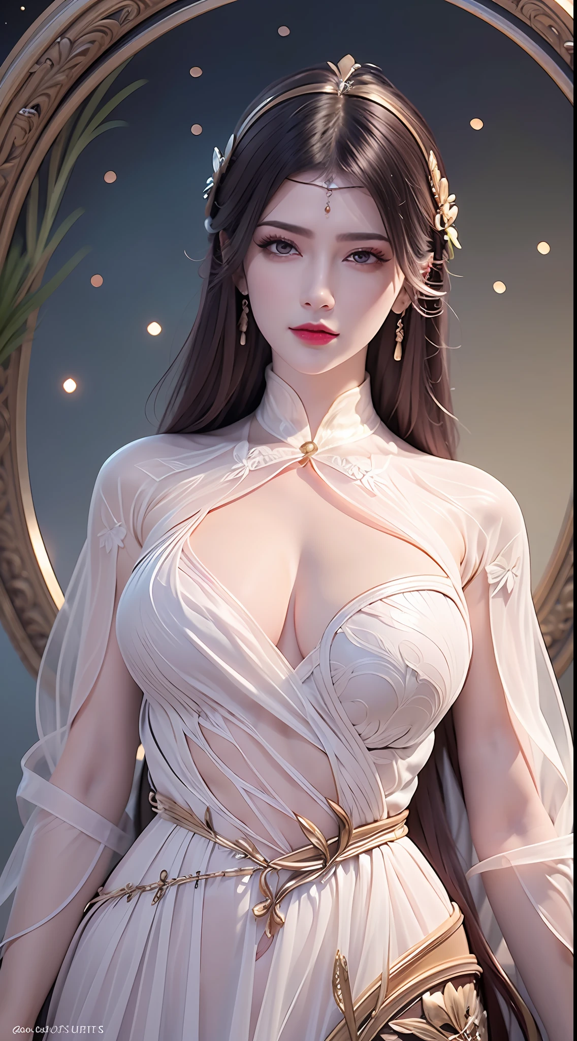 Portrait of a young 20-year-old saint, a saint with a beautiful and super cute face,wearing a very thin and sexy ao dai, beautiful cute face, Ao dai with a deep slit in the chest and attractive black and white lace trim, beautiful face without blemishes, Lovely smile, ((7-color hair length:1.2)), big crown, hair brooch, hanfu dress, chinese ancient style, full body jewelry, forehead tattoo, The female saint's breasts are round and very full, breast augmentation, innocent face, The most beautiful and detailed light red lipstick, ((Thin plump lips:0.3)), delicate pink and white eyes (white and detailed) cinematic, light and dark, dramatic lighting, magical light, extremely detailed light, true color, super sharp, realistic, 8k quality, saints and magical space, the most detailed images, Solo, a saintess, ((looking directly at the saint's upper body:0.4)), ((smooth skin:0.5)), ((universe background:1.2)), (outdoor:0.8),