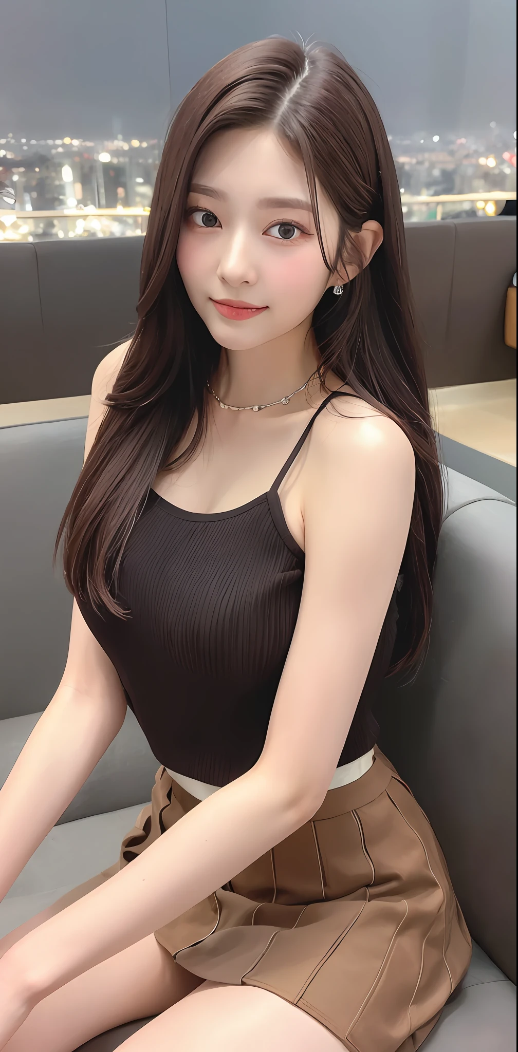 ((Midnight, Best quality, 8k, Masterpiece :1.3)), Whole body, Long legs, Sharp focus :1.2, A pretty woman with perfect figure :1.4, Slender abs, slender thigh :1.1, ((Dark brown hair, Big breasts :1.2)), (tanktop, skirt, sneakers, sitting :1.2), ((Night city view, couch :1.3)), Highly detailed face and skin texture, Detailed eyes, Double eyelid, close up, smirk, From below, legs open