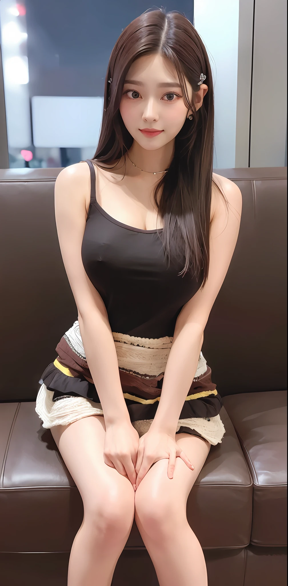 ((Midnight, Best quality, 8k, Masterpiece :1.3)), Whole body, Long legs, Sharp focus :1.2, A pretty woman with perfect figure :1.4, Slender abs, slender thigh :1.1, ((Dark brown hair, Big breasts :1.2)), (tanktop, skirt, sneakers, sitting :1.2), ((Night city view, couch :1.3)), Highly detailed face and skin texture, Detailed eyes, Double eyelid, close up, smirk, From below, legs open