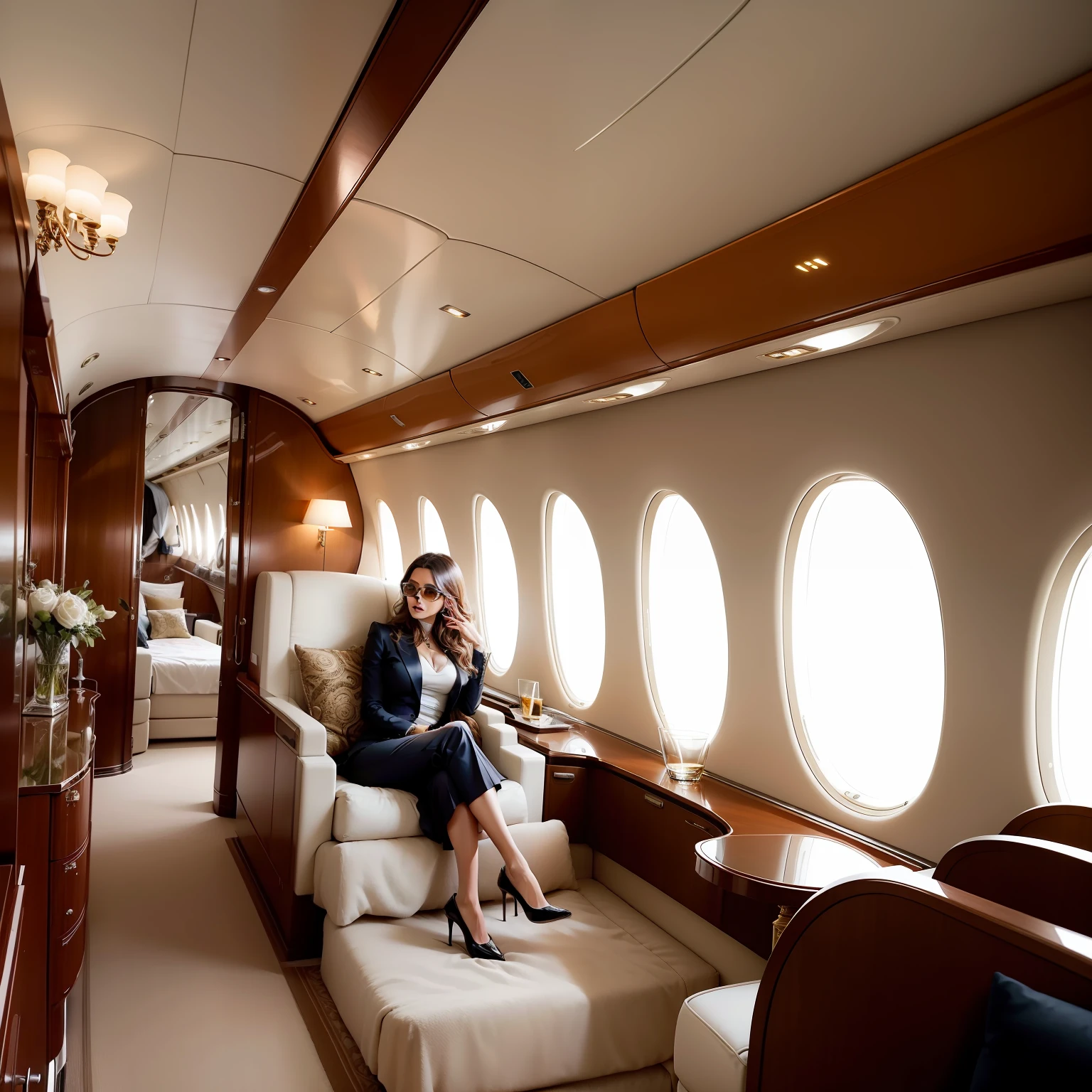 On a luxurious private plane, An elegant woman is sitting in a comfortable seat, enjoying the sophisticated ambience while holding a cigarette elegantly in one hand. A luz suave ilumina a cabine, destacando os detalhes requintados do interior. She is dressed in an impeccable suit and elegant accessories, exuding confidence and charm. Ao seu redor, The décor is sumptuous, com materiais luxuosos e acabamentos elegantes. A cabine oferece conforto e comodidades de primeira classe, criando uma atmosfera relaxante e exclusiva. through the windows, one can see the blue sky and the clouds, evoking a sense of freedom and adventure. While enjoying the refinement and exclusivity of the experience of flying in a private plane, a mulher aproveita o momento, saboreando o prazer de fumar o cigarro. The image conveys a sense of indulgence, Prestige and luxury, capturing the essence of an elegant woman enjoying a cigarette on an extremely luxurious private plane