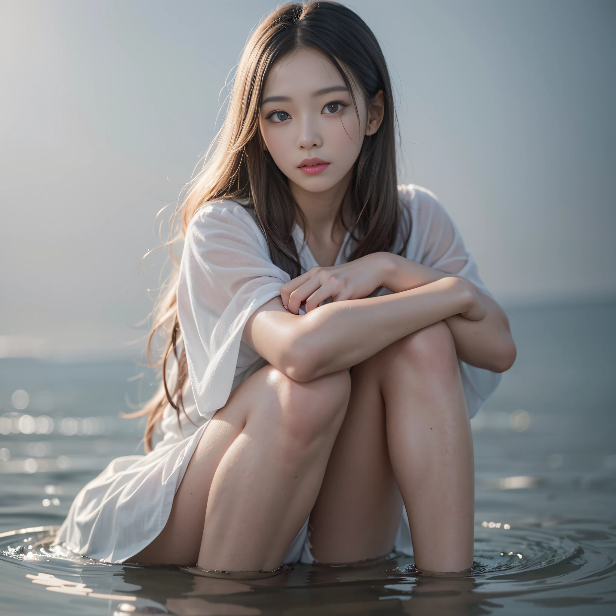 Girl hugging legs on the surface of the water，tmasterpiece， best qualtiy， 35mm， 8k， absurderes， beuaty girl， （The upper part of the body， light grey background：1.4）， （light grey classical dress， light grey hair：1.6）， Slender， dark studio， edge lit， Ultra photo realsisim， A high resolution， photography of， filmgrain， color difference， depth of fields， Sharp focus， HDR， face illuminated， 动态照明， cinmatic lighting， Professional shadows， dark shadow， highest details， extremy detailed， hyper-detailing， finely detailled，real looking skin，exquisitefacialfeatures，detailed faces and eyes，Sharp pupils，realistic pupil，Zhuangtian