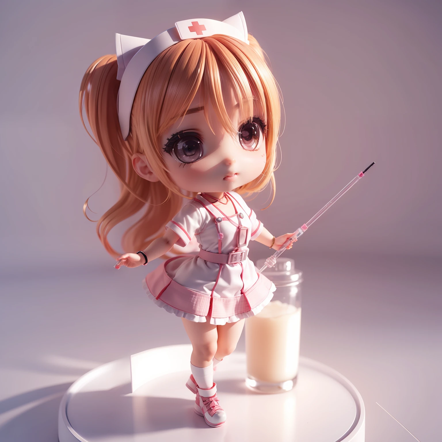 (((Chibi 3D))),Very cute and beautiful Chibi Anime Nurse Costume Style, holding a syringe,Hospital, Examination room miniature background, Full body, Dancing, Highly detailed face and eyes, Clearly outlined, Solo,Chibi 3D.