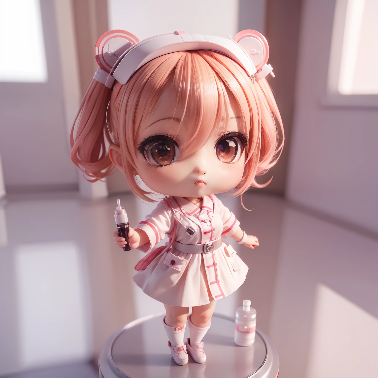 (((Chibi 3D))),Very cute and beautiful Chibi Anime Nurse Costume Style, holding a syringe,Hospital, Examination room miniature background, Full body, Dancing, Highly detailed face and eyes, Clearly outlined, Solo,Chibi 3D.