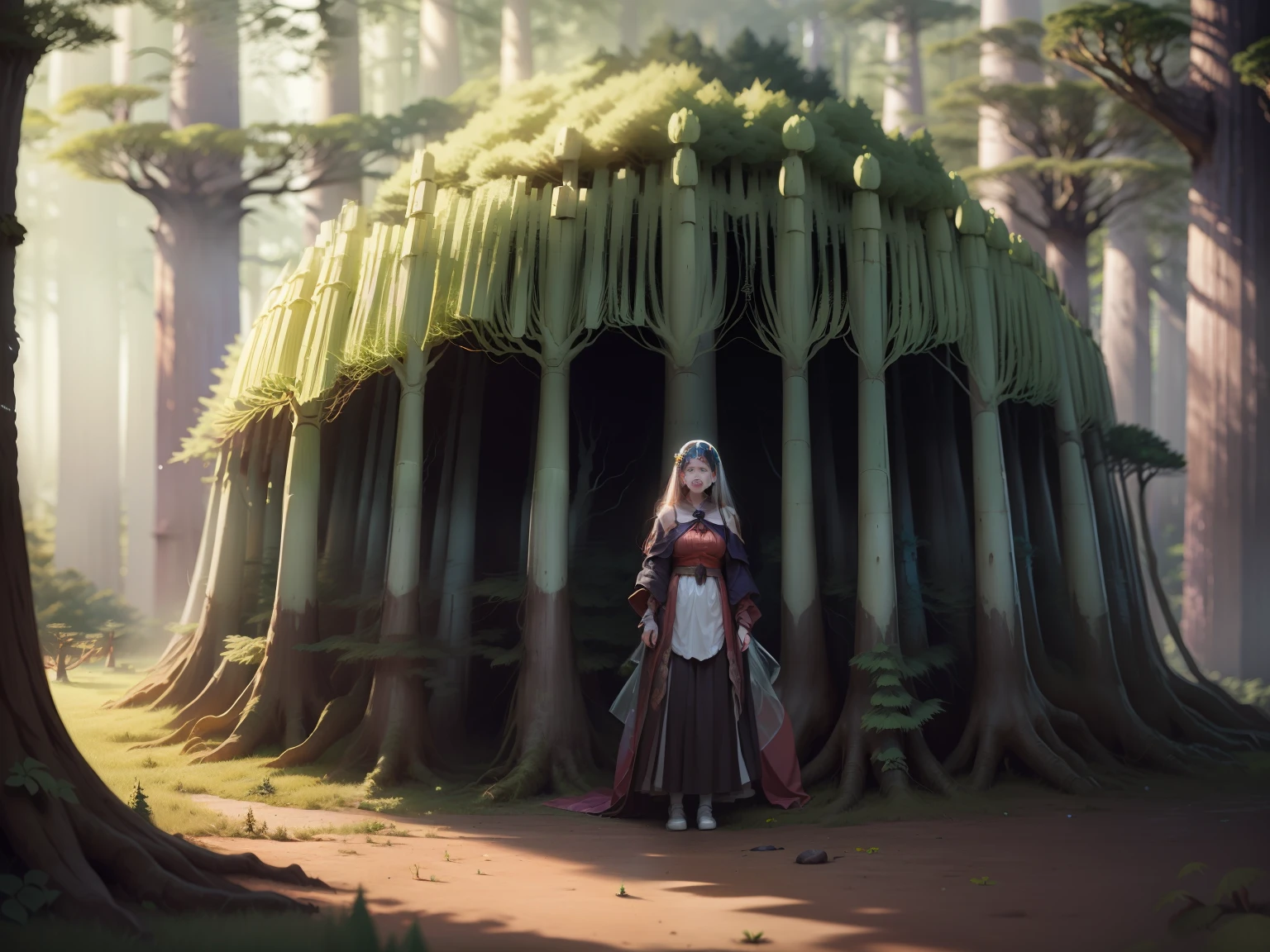 Best quality, 4k, a wolf monster sleeps, a girl sleeps on the monster, daily life, flower, ivy, forest, (clear face of girl:2),(extremely tall trees:2)