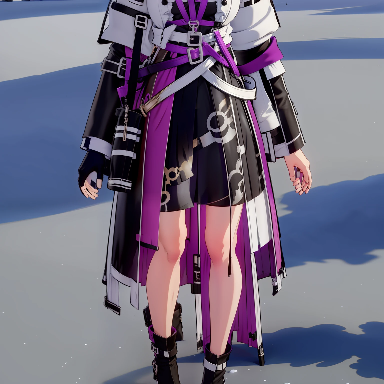 Black boots,Black shorts,Black open-toe gloves,leg loops,a black trench coat,White color blouse,Like Lapland