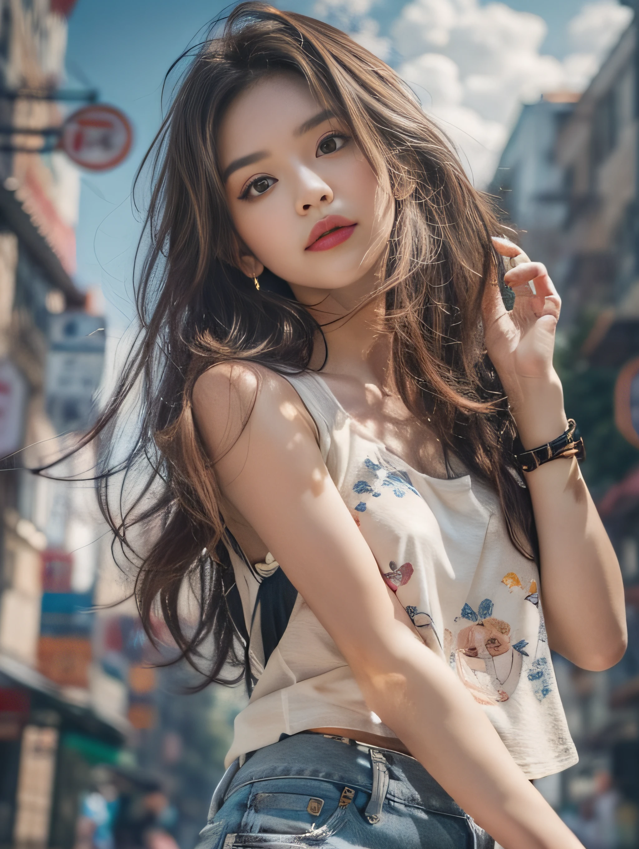 ​masterpiece、High-quality viewers、One beautiful model of JPNIODL、beautiful brown hair、A detailed eye、Tank Tops、denim short pants、Cityscape with blue sky and white clouds、8K High Resolution、Momentary Pose、细致背景、Drawing with enhanced hair detail、A detailed face、more hair、Detailed nose、Detailed mouth、Detailed body、stares at the camera、model poses、Paint with added more hair details