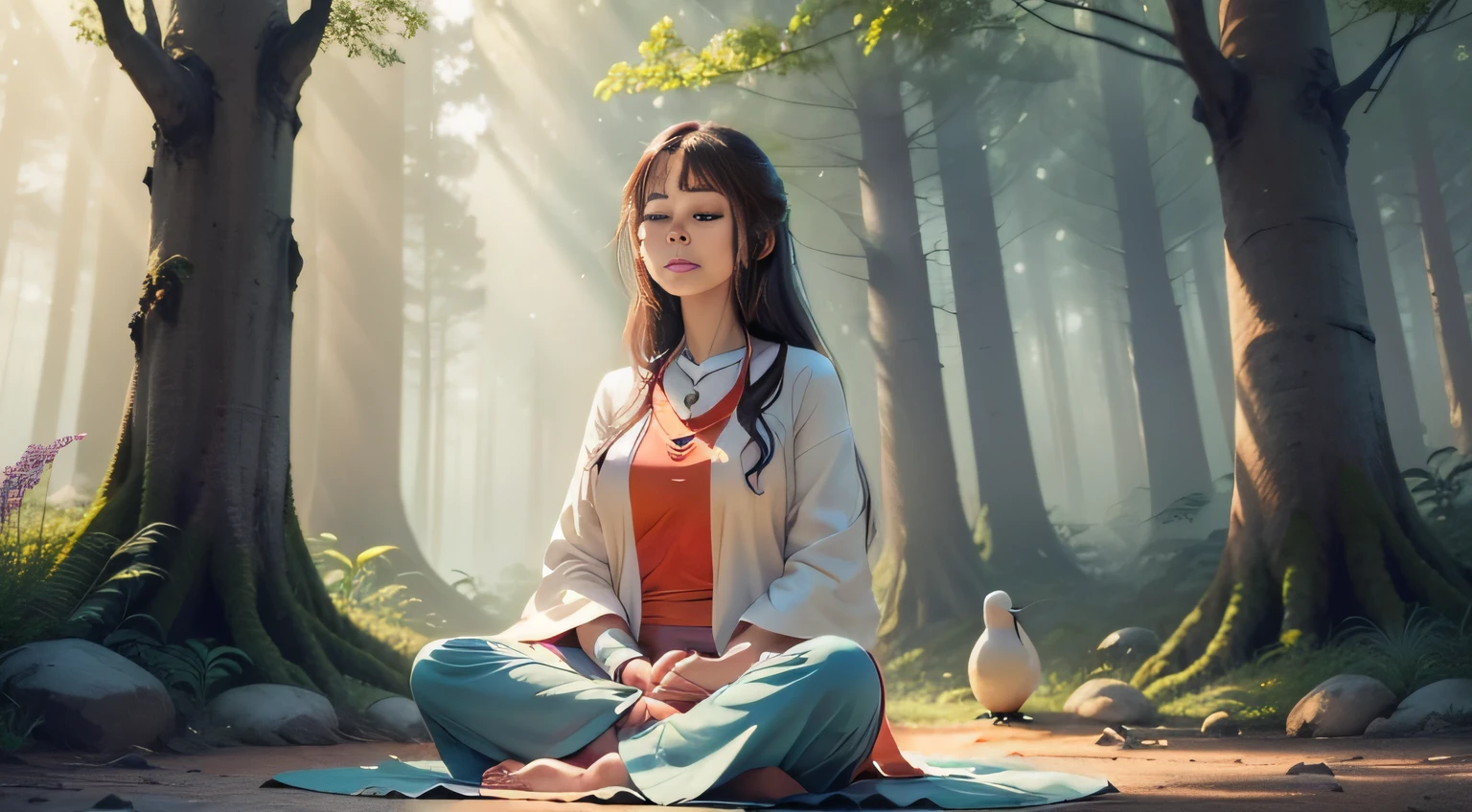 "Create an image of a woman meditating in nature with sunlight on her face. Use calming colors and highlight the surrounding natural elements like trees, flowers, and birds. Capture the serenity and inner peace of the moment. #Meditation #Nature #InnerPeace"