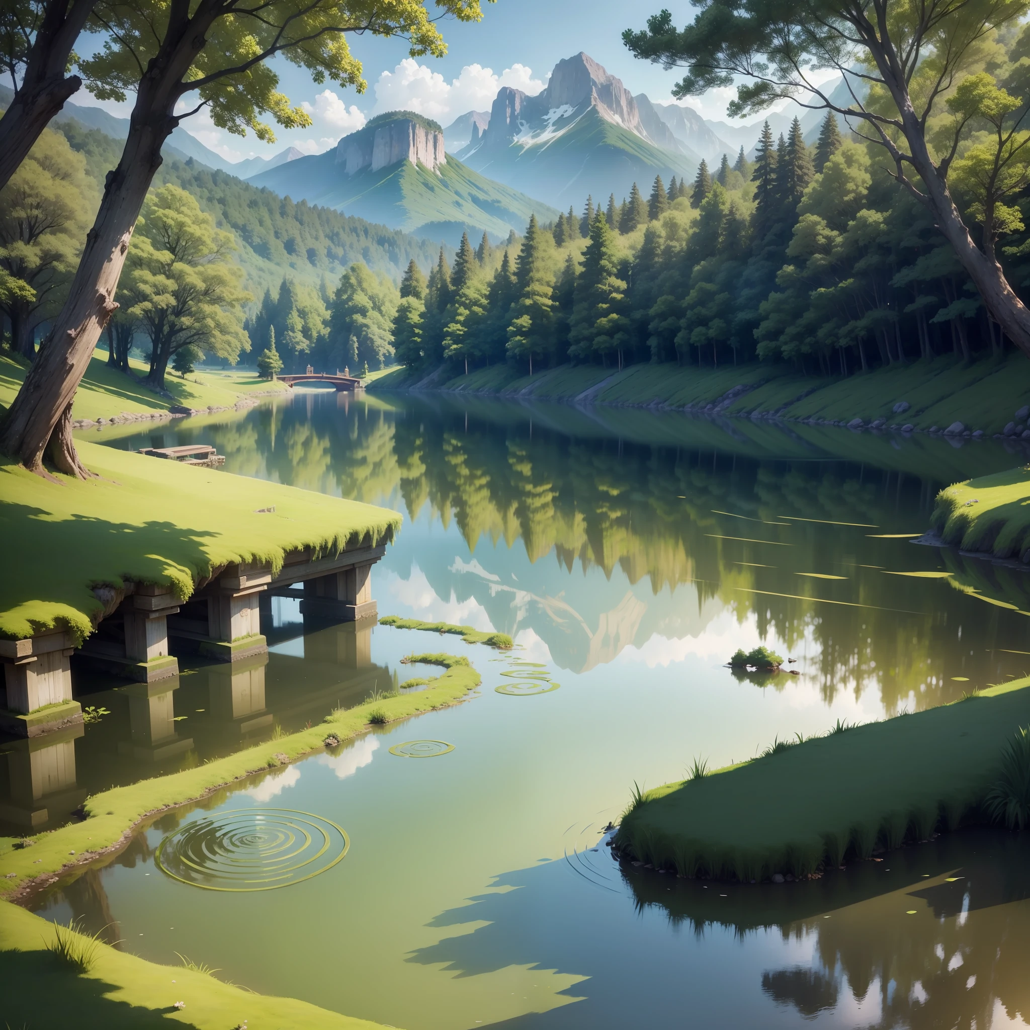 Verdant mountains、The surface of the lake ripples、Ancient bridge flowing water、Fishing boats sing late