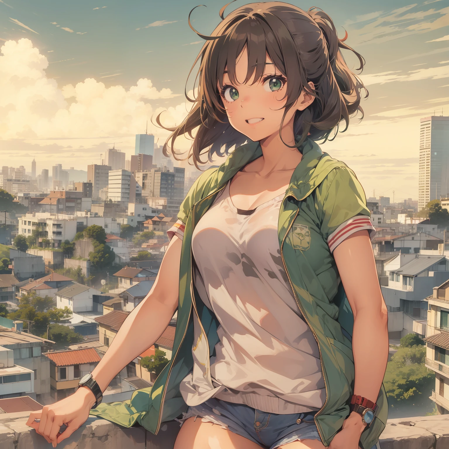 Mulher, grandes seios, bunda grossa, coxas grossas, biquini verde claro, cabelo curto, cabelo castanho escuro, colar, watch on arm, Late afternoon scenario, Panoramic, grande vista da cidade, corpo todo, estilo anime, anos 90, sorrindo