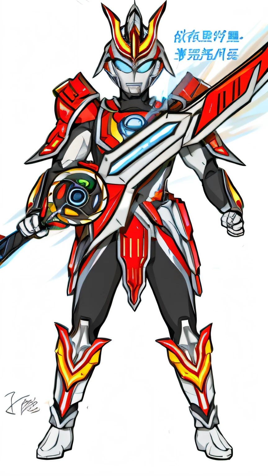 A painting of a man holding a sword and a sword, cyber fight armor, cybernetic flame armor, draconic looking armor, greek god in mecha style, cybernetic fire armor, cyber japan style armor, hybrid from dynasty warriror, warrior platinum armor, Chrome armor, Concept armor, full body concept, Katana Zero video game character, anime mech armor