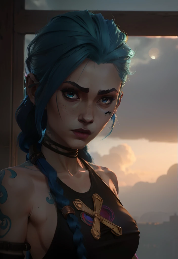estilo Arcane, 1girl, cloud tattoo on the arm, asymmetrical bangs, franja, cabelo azul, blue braids, camisa marrom, tatuagem de nuvem, de lado, cabelo azul, cabelo longo, olhos cor de rosa, red-lips, standingn , tatuagem de nuvem, twin braids. Jinx de Arcane. Jinx. Jinx, Arcane\(league of legends\)