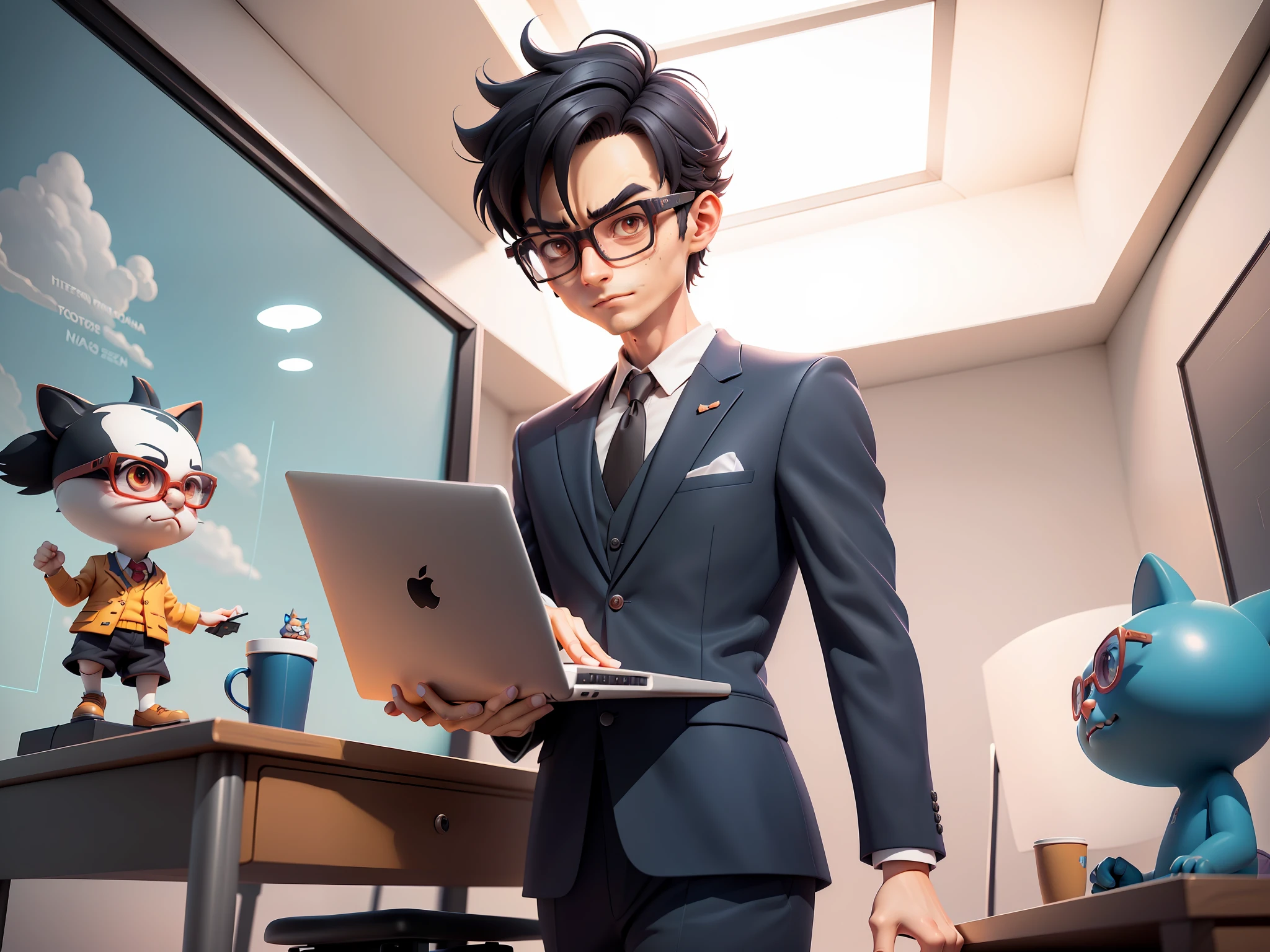 A young man in a suit, Short hair and glasses sat at his desk，holding laptop，digitial painting，tigre，3D character design by Mark Clairen and Pixar and Hayao Miyazaki and Akira Toriyama，4K HD illustration，Very detailed facial features and cartoon-style visuals。