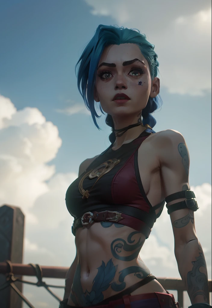 estilo Arcane, 1girl, cloud tattoo on the arm, asymmetrical bangs, franja, cabelo azul, blue braids, camisa marrom, tatuagem de nuvem, de lado, cabelo azul, cabelo longo, olhos cor de rosa, red-lips, standingn , tatuagem de nuvem, twin braids. Jinx de Arcane. Jinx. Jinx, Arcane\(league of legends\)