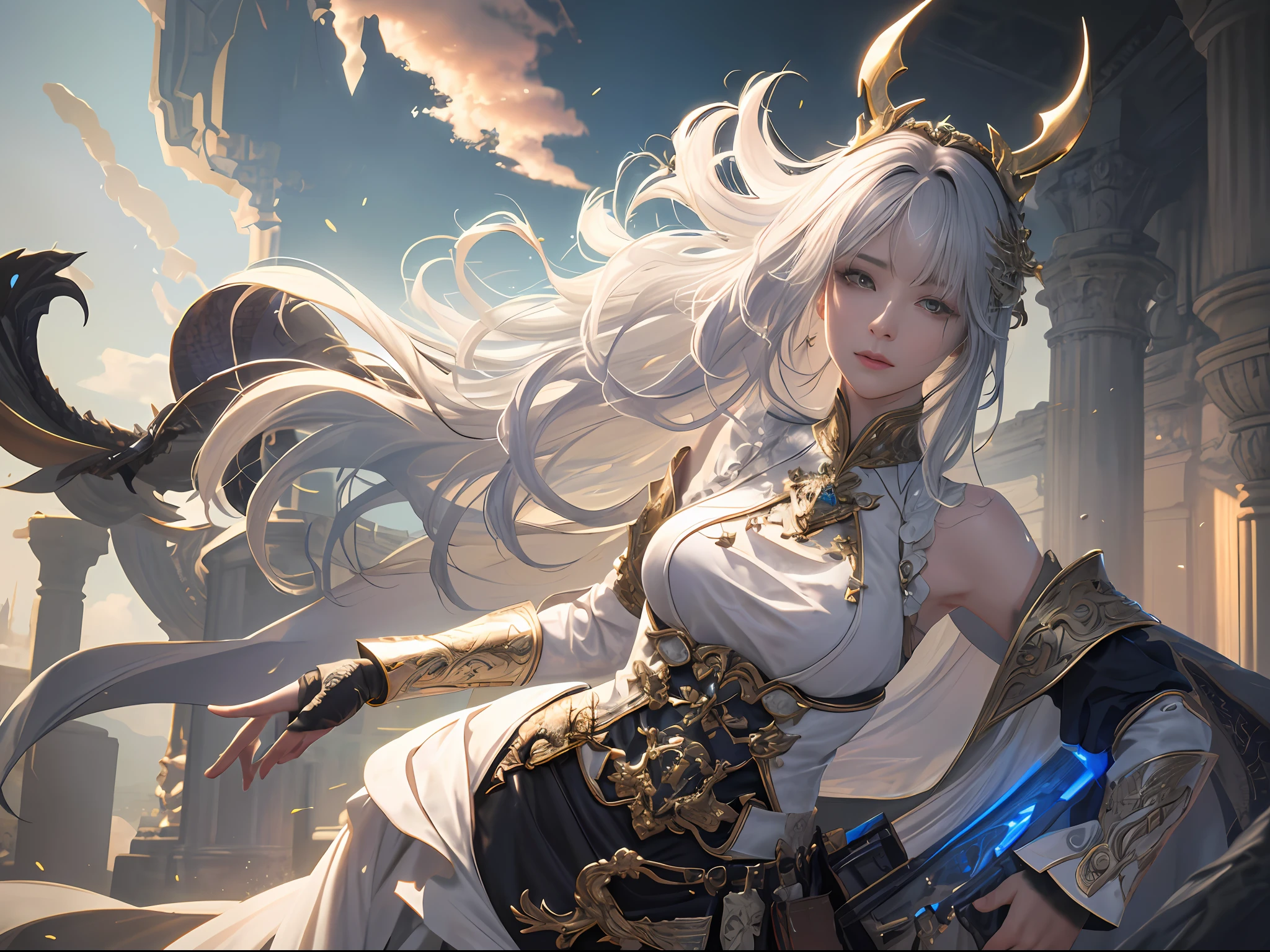Photorealistic, Ultra photo realsisim, Extremely detailed, ultra - detailed, Soft lighting, Detailed background, Extreme detail background, sharp detailed, ((full bodyesbian)), palaces，woman，solo person，Dragon's horn，magnificent robe，Complex patterns，palaces，photorealistic portrait，dynamicposes，dramatics，hdr（HighDynamicRange）,Ray traching,NVIDIA RTX,Hyper-Resolution,Unreal 5,Subsurface scattering、PBR Texture、post-proces、Anisotropy Filtering、depth of fields、maximum definition and sharpness、Many-Layer Textures、Albedo e mapas Speculares、Surface coloring、Accurate simulation of light-material interactions、perfectly proportions、rendering by octane、Two-colored light、largeaperture、Low ISO、White balance、the rule of thirds、8K raw data、