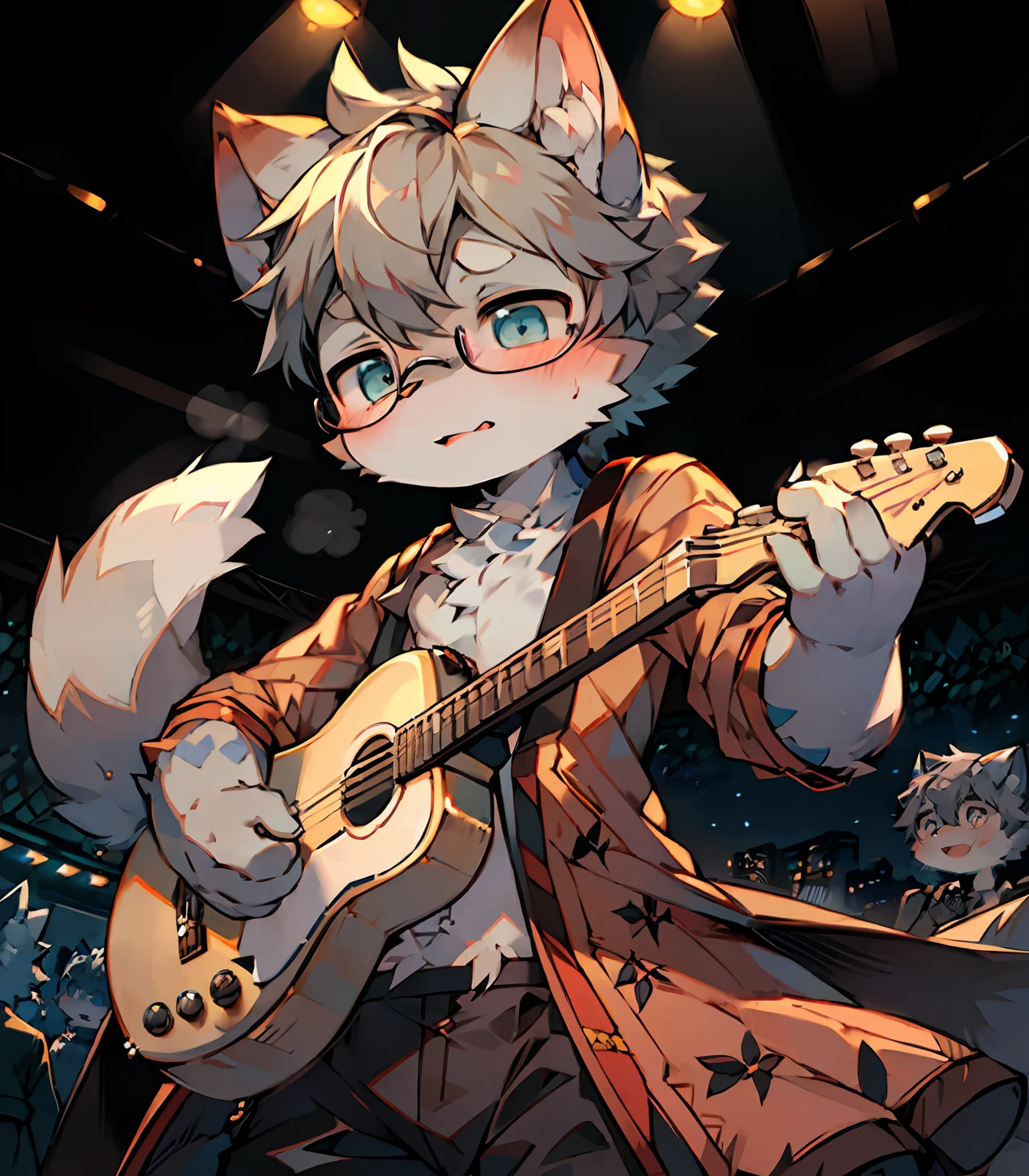 Highest image quality,A masterpiece,Delicate hands,finely-detailed eyes,Normal eyes,Black-framed round glasses,Gray cat ears,Furry,Gray hair,adolable,Handsome,Cat style,Shota, Blue pupil, city night scene, Gray hair, By bangs,Dappled light and shadow, short detailed hair,ember,There are bright eyes of God,独奏,Melon seed face,Handheld guitar,intense emotion,Center of stage,The crowd cheered