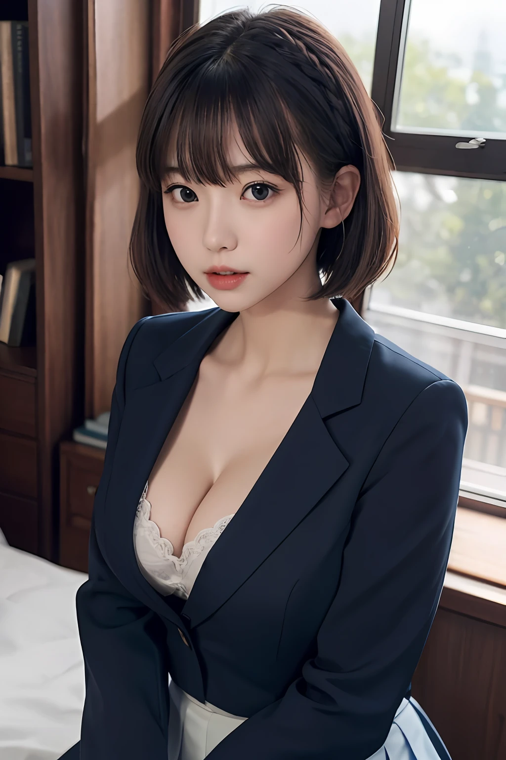 8K, Best Quality, real picture, Intricate details, Ultra-detailed, 超A high resolution, Depth Field,(Photorealistic,Realistic:1.2),masutepiece,Sexual facial expressions、(masterpiece:1.3), (8K, Photorealsitic, Raw photography, Top image quality: 1.4), Japan high school girls、(Random hairstyles:1.2)、cleavage of the breast:1.2、Super Detail Face、Eye of Detail、二重まぶた、Bring your chest together with your arms、foco nítido:1.2、prety woman:1.4、light brown hair、top-quality、masterpiece、超A high resolution、(Photorealsitic:1.4)、very detailed and professional lighting、((School Uniforms))、Dark blue blazer、white shirt、big red ribbon、flered skirt、Shoulder out、slender、serious facial expression、short-haired、cowboy shot、no-bra、Shoulders bare、Sit down and put your hands in front of you