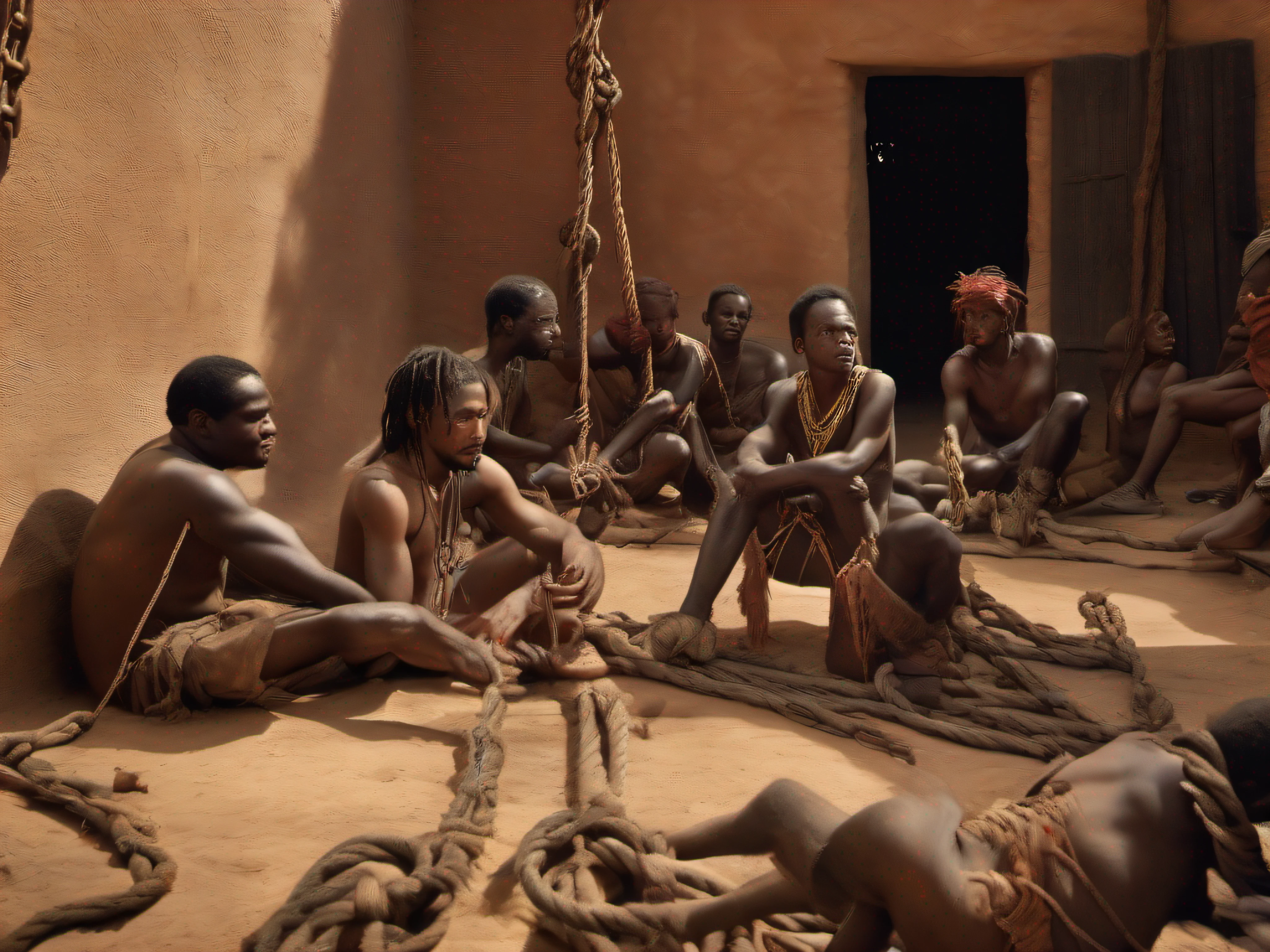 Five half-naked African slaves tied with a rope, descendant un escalier, tristesse dans les yeux, Whole naked body chained with wrought iron chains, no clothe, pas de coiffe, cheveux noirs, Dynamic scene from the movie Amistad, looking at the 50mm camera, Realistic photo HD, Diffuse light, Rebel Republic Environment, , hyper detailed, Whole size, Plusieurs hommes et femmes esclaves debout, loin cloth, esclaves, Himba, corps entiers, all are chained, chaines en fer, Hands tied with a large rope, Homme africain, Enslaved humans, Screenshot of movie 300, Samuel Jackson, africain, The man has black skin, Scene from the movie Amistad, dark-skinned, pagne