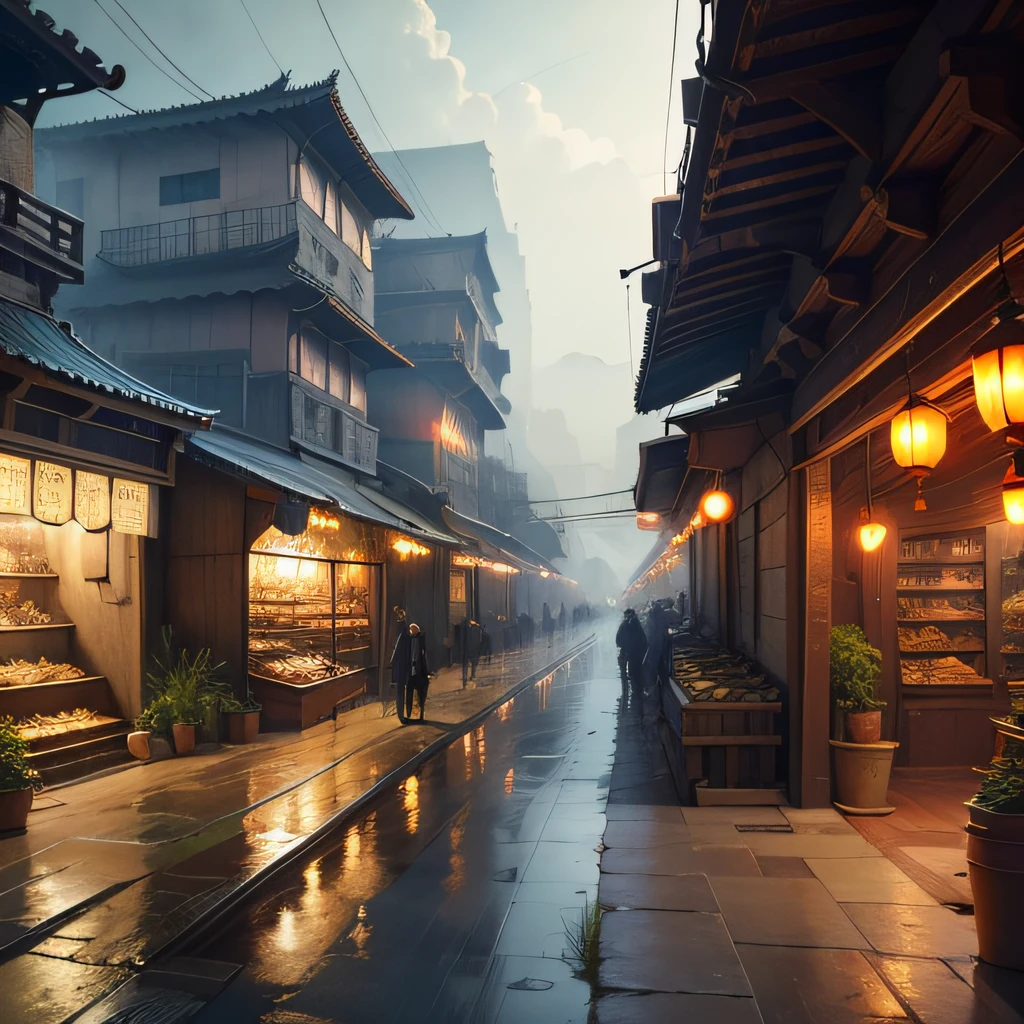 Industrial age city，Deep valley in the middle，architectural streets，bazaars，Bridges，rainy sky，steampunc，Chinese style buildings，crowd of