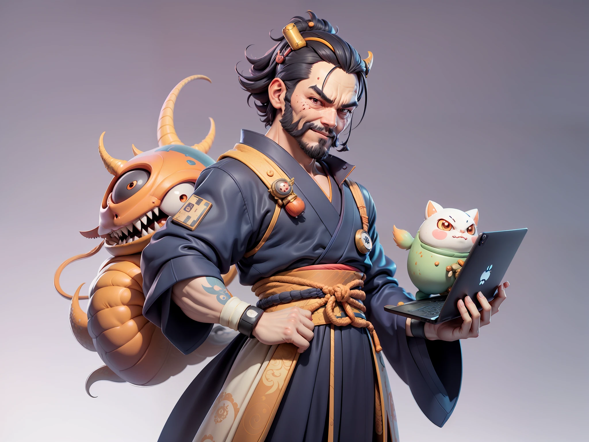 (Daisaku),(Need),(Super meticulous),(full bodyesbian:1.2),Japanese ukiyo-e girl,japanese geisha,Beautiful,Oriental dragon,Aeolian Thor,Raised sexy,爆乳,Oriental face,TV Anchor,Bust portrait illustration,Alone,In black suit,a blue tie,The face is slightly chubby,The face was clean,without a beard,Black super short hair,Black eyes,Smile confidently,3C computer sub-products,iPad, iphone,Digital painting,3D character design by Mark Clairen and Pixar and Hayao Miyazaki and Akira Toriyama,The illustration is a high-definition illustration in 4K resolution,With very detailed facial features and cartoon-style visuals。