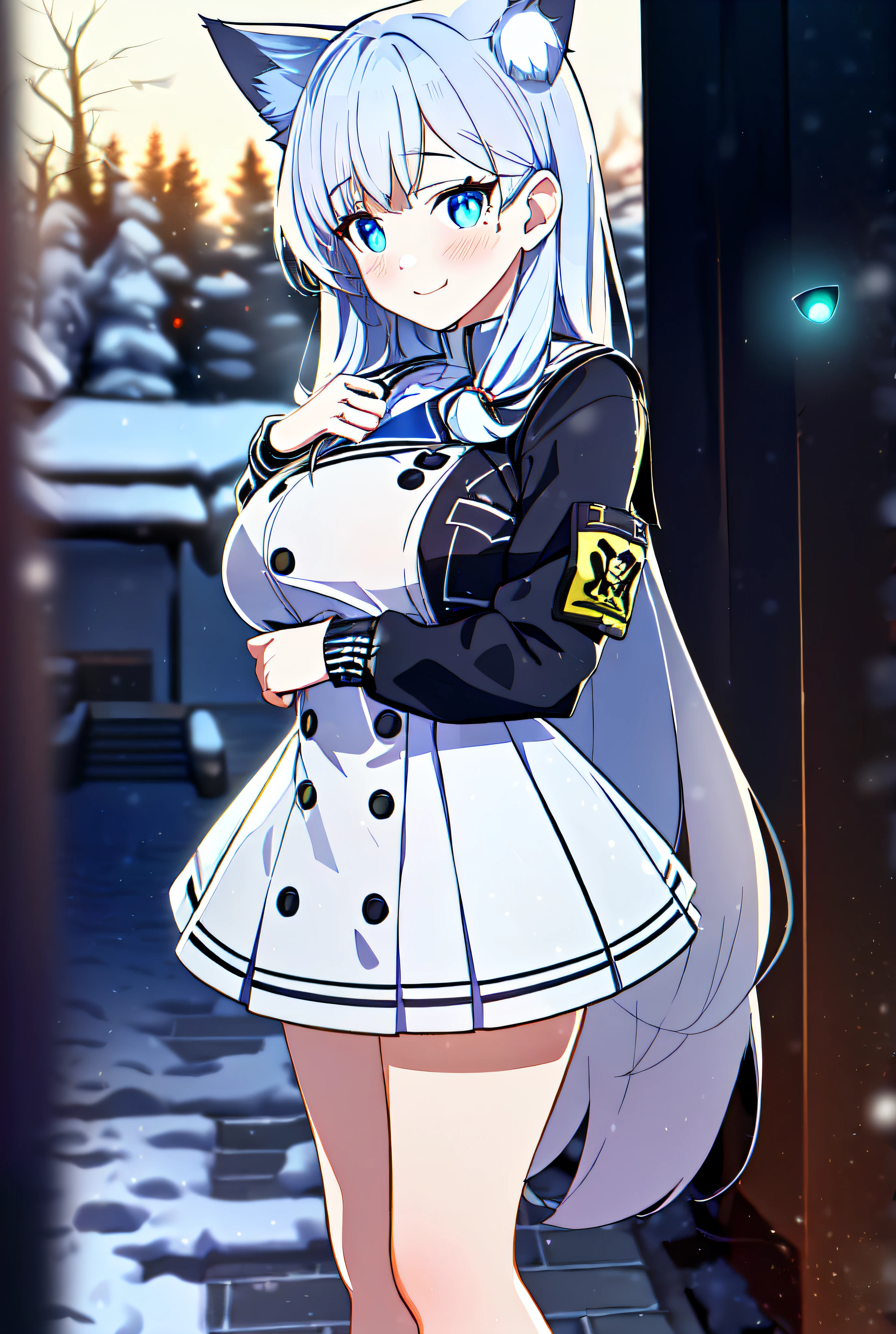 (sunaookami shiroko:1.2), {{{{Masterpiece, Extremely detailed, Intricate details, Soft focus, 8K, A high resolution, Depth of field, absurderes, high quality facial shadowing, dynamic shadowing, extreme shaders, Cinematic lighting, Perfect lighting, Soft lighting, Hazy lighting, Lens flare}}}}, Best quality, asian qualities, {Front view}, (Solo:1.2), (Beautiful young girl:1.3), High school girl, {{{Extremely detailed girl, Perfect anatomy, Perfect body}}},(detailed cat ears:1.3), bright neon blue cat ears:1.1 ,(beautifully detailed hair:1.3), (Dark Silver Hair:1.3), long luscious hair, (multi-layered hair:1.5), (hair splayed out:1.2), beautiful-detailed facial structure, Detailed beautiful face:1.3, Sexy face, Cute face, slender facial structure, Detailed face:1.33, Big eyes, (Detailed glowing eyes:1.1), glowing bright blue eyes, (Detailed facial expressions:1.1), Shy, detailed-slight red blush, Smile gently,(detailed boobs:1.2), medium-sized boobs, (Slim waist:1.1), (Slim legs:1.1), The stands up, (winter school uniform:1.3), (detailed pure white winter school jacket:1.2), (detailed pure white checkered winter school skirt:1.2), (detailed pure white socks:1.2), (detailed black school shoes:1.3), Winter nights, (enhance background:1.4), Midnight snowfall，clear sky above，snow on sidewalks with Christmas lights on tree's surrounded the viewer, (Full body shot:1.1), (warm photo:1.3)