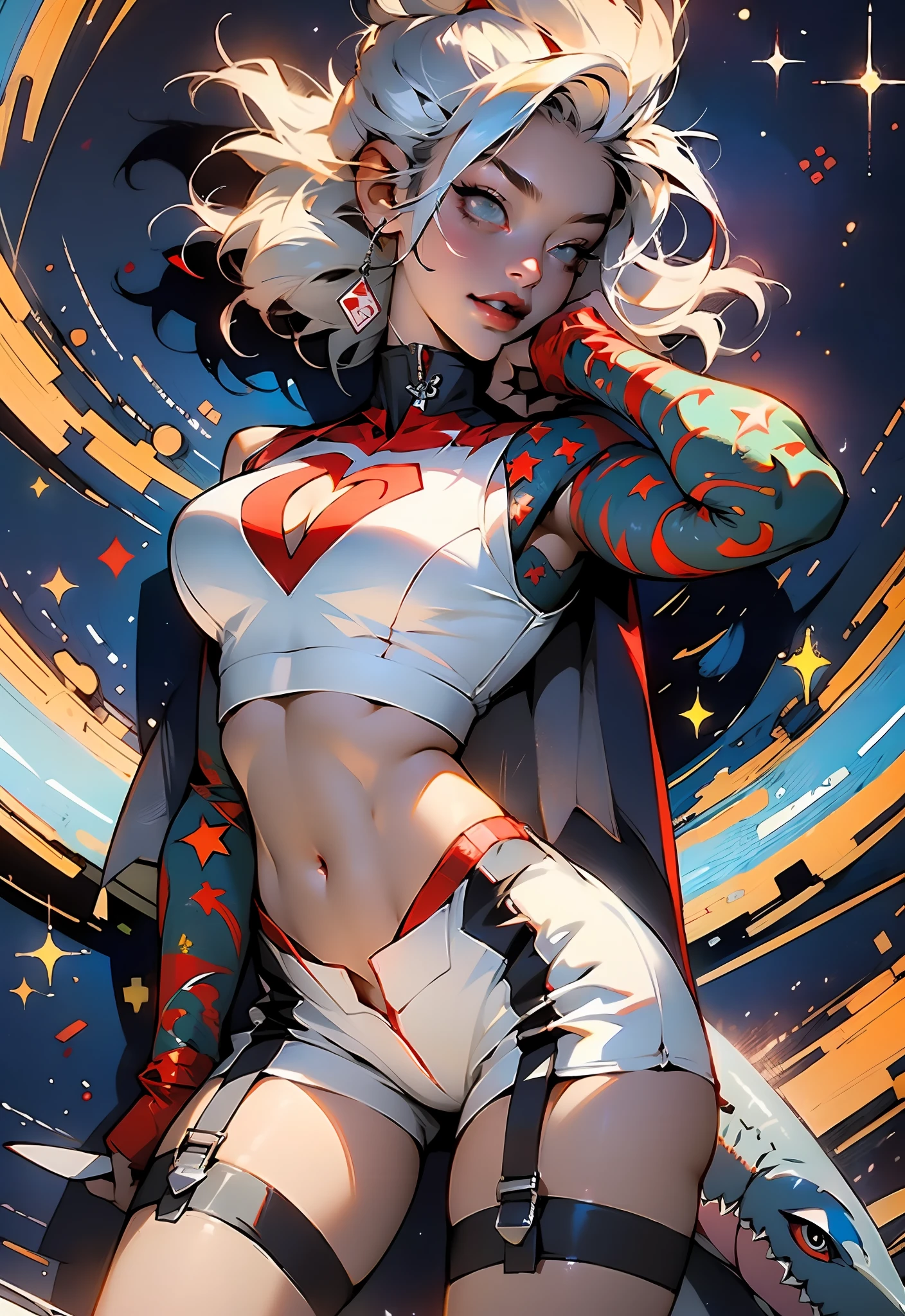 Woman body set thick thighs parts of the covered by technological clothing, (((large breasts)) perfect, generous neckline, pastel, white mohawk hair with locks, red, short underwear, garter belt, by mucha, niji, close to real, best quality, almost naked, psychopath, crazy face, action pose, harlequin, cat eyes, starry night, clothing imitating P40 airplane, shark mouth of the P40 plane of the second war, dragon tattoos on the arms, dark blue bra with white stars, stars covering the breasts