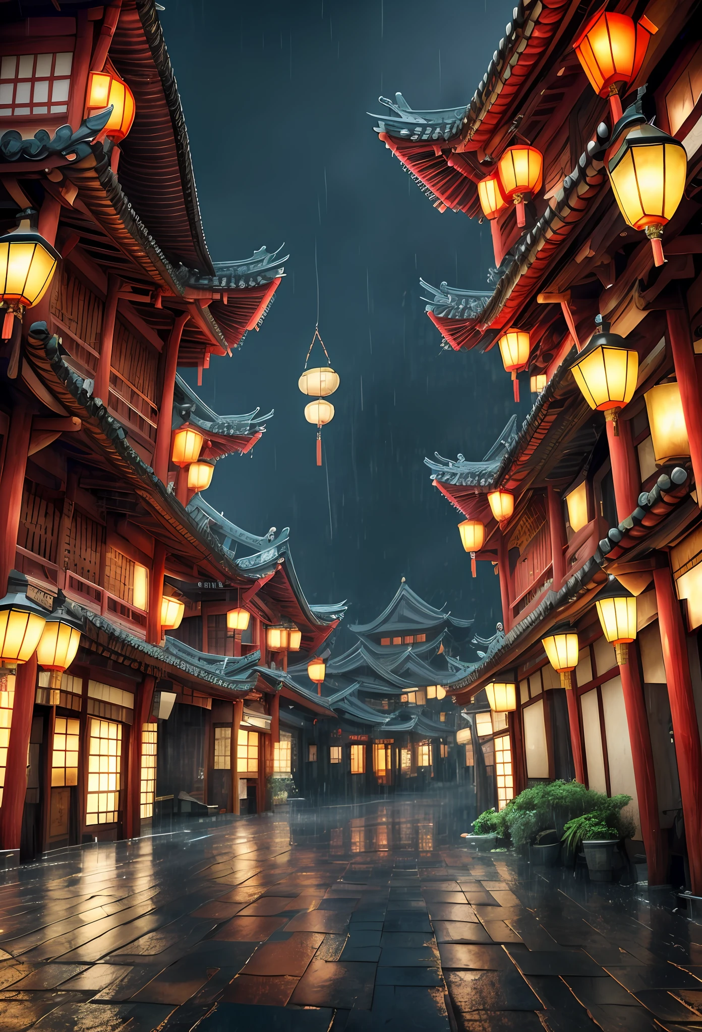 arafed view of a village with a lot of lights on the buildings, dreamy chinese town, chinese village, amazing wallpaper, japanese town, japanese village, hyper realistic photo of a town, old asian village, japanese city, by Raymond Han, rainy evening, cyberpunk chinese ancient castle, beautifully lit buildings, at evening during rain, beautiful and aesthetic, photography, cinematic, 8k, high detailed ((Heavy rain)))
