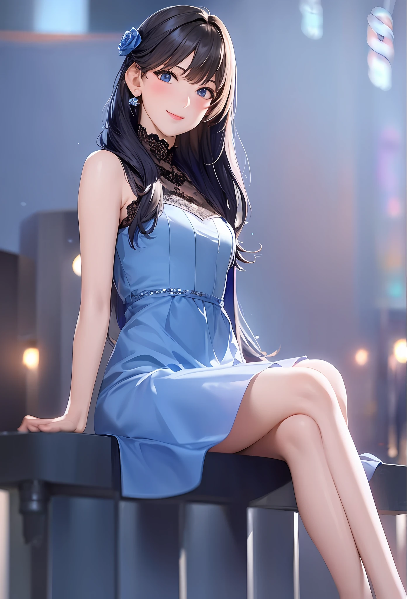 (8k, top quality, masterpiece: 1.2), (realistic, photorealistic: 1.37), super detailed, girl alone, cute, solo, midnight, beautiful detailed sky, detailed café, sitting, dating, (blush), (smile: 1.15), small breasts (mouth closed), beautiful fine eyes, floating hair NovaFrogStyle, back open dress, blue rose accessories, Blue rose background