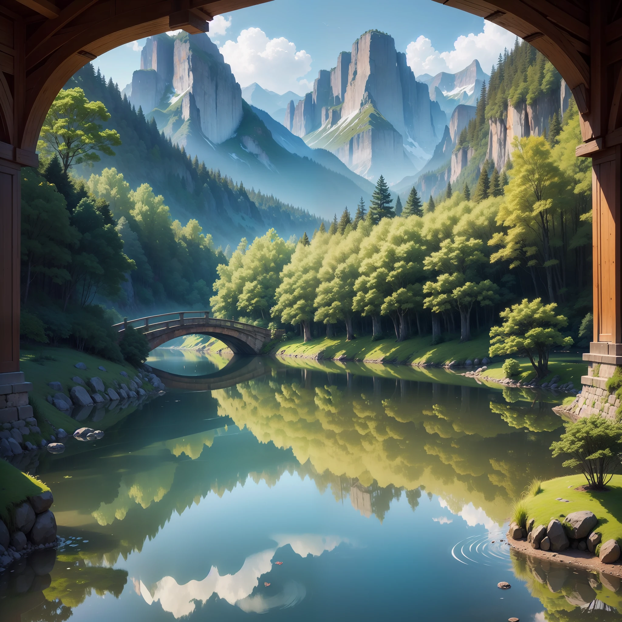 Verdant mountains、The surface of the lake ripples、Ancient bridge flowing water、Fishing boats sing late
