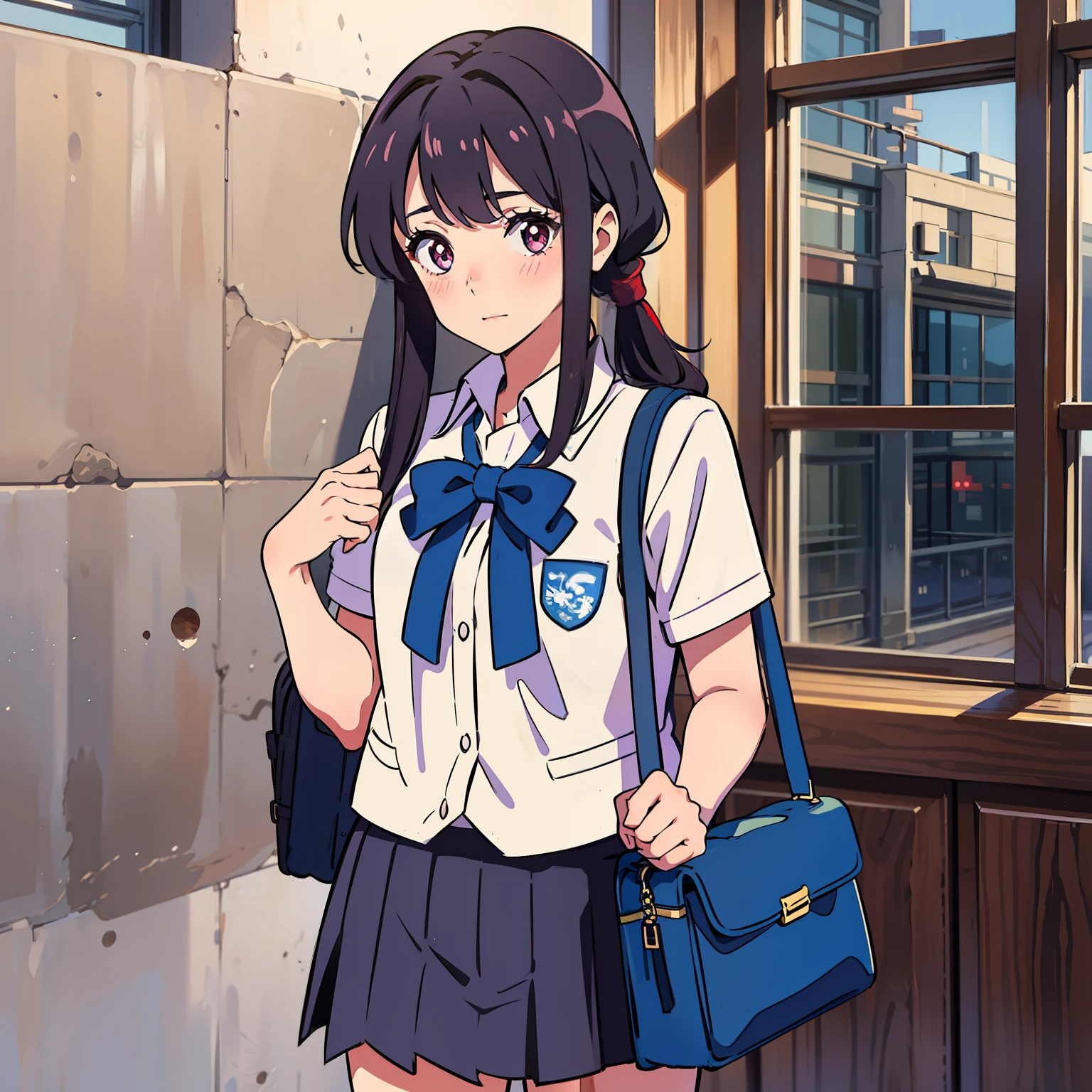 A -yeld giwith long dark purple hair tied with black belt, red pupils and blushing。 An 18-year-old girl with curly black hair came over with a school bag 。 The two wore blue and white school uniforms。