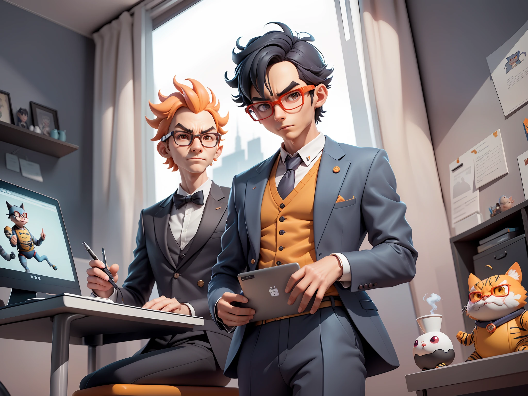 A young man in a suit, Short hair and glasses sat at his desk,holding laptop,digitial painting,tigre,3D character design by Mark Clairen and Pixar and Hayao Miyazaki and Akira Toriyama,4K HD illustration,Very detailed facial features and cartoon-style visuals。