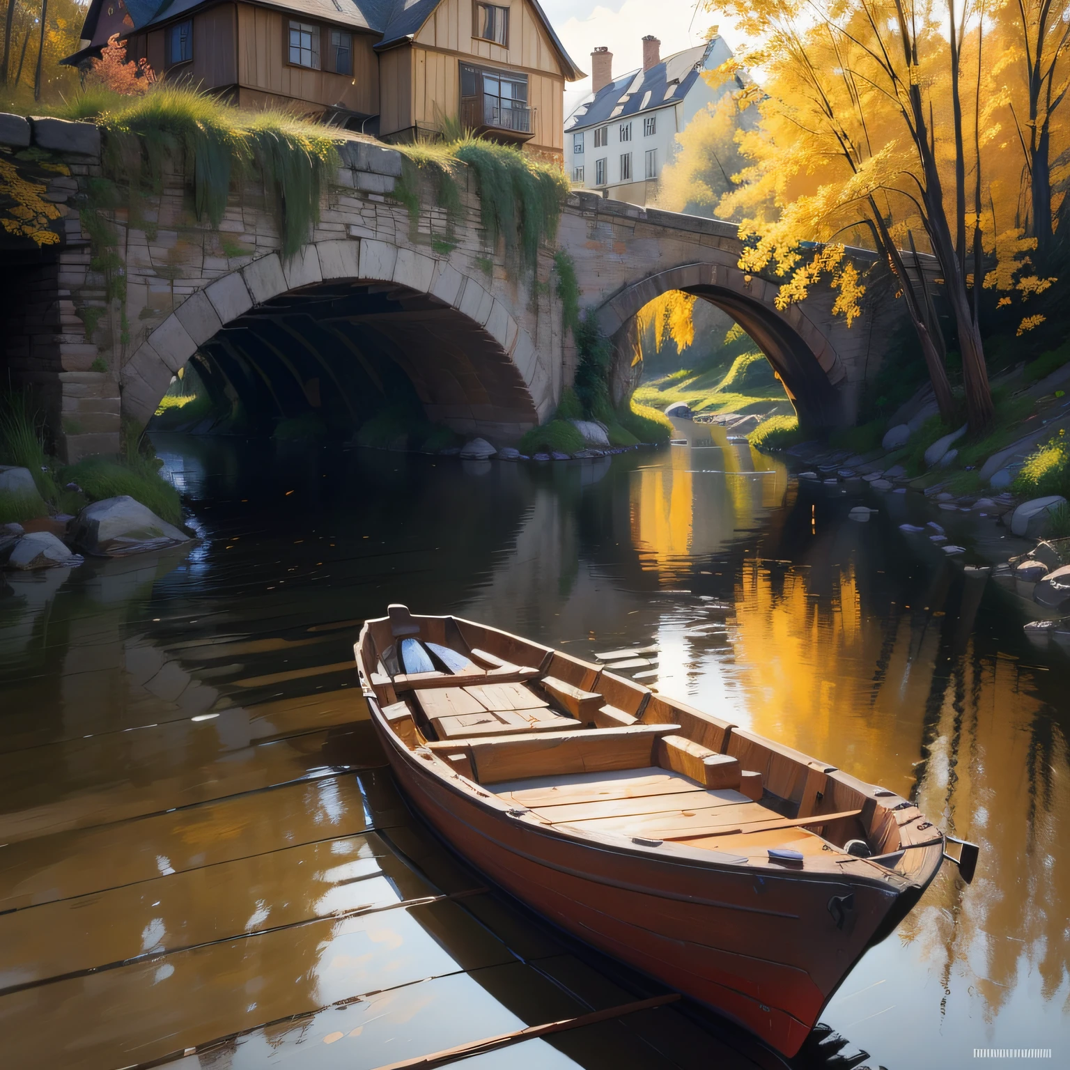 palette knife, impasto oil painting of calm river with wooden boat, stone bridge, by hans hofmann, by frank auerbach, thick paint brush strokes, art by anders zorn, in the style of greg rutkowski, james gurney, moody lighting ,late in the day