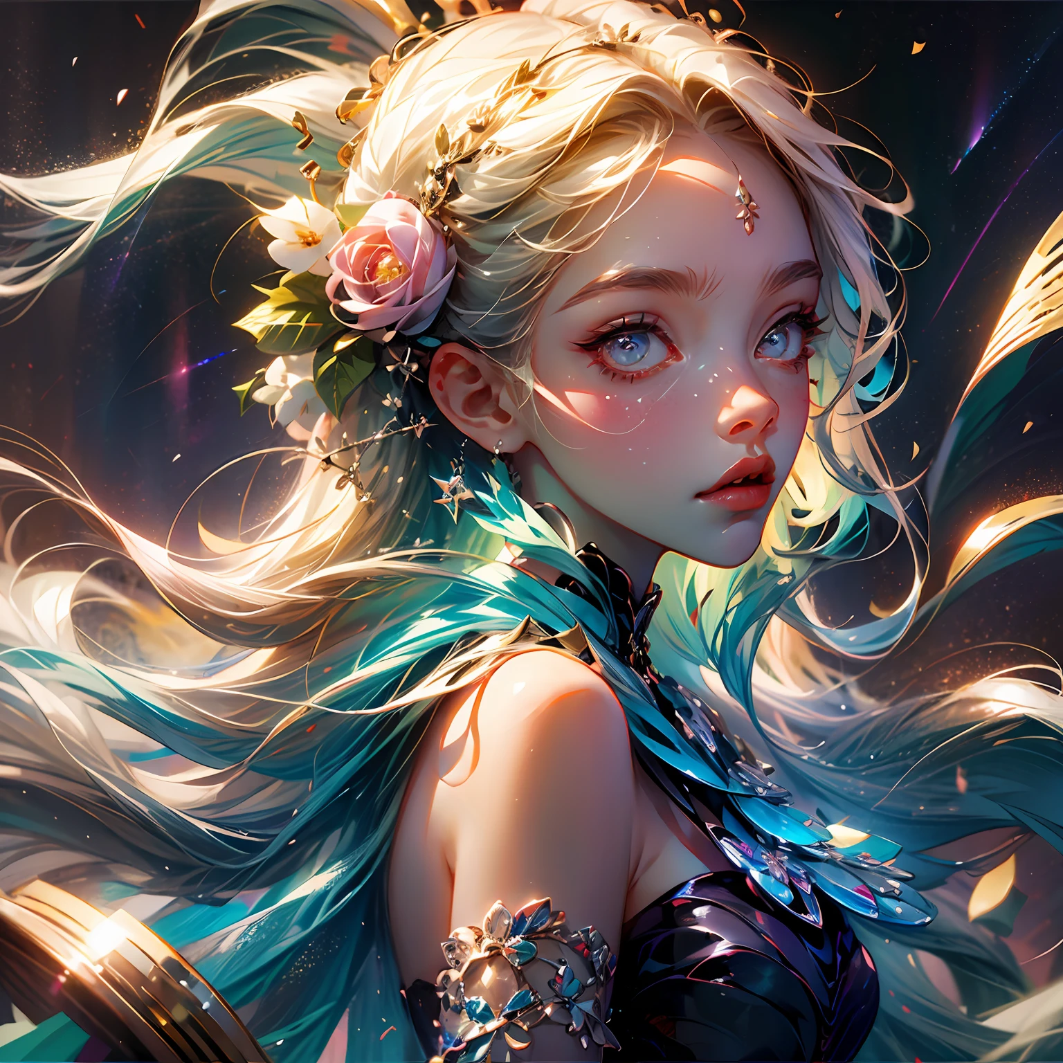 (best quality, masterpiece), 1girl, galaxy, glitter, dress, particle, wind, flower, upper body, dark simple background, looking at viewer, blonde, --auto --s2