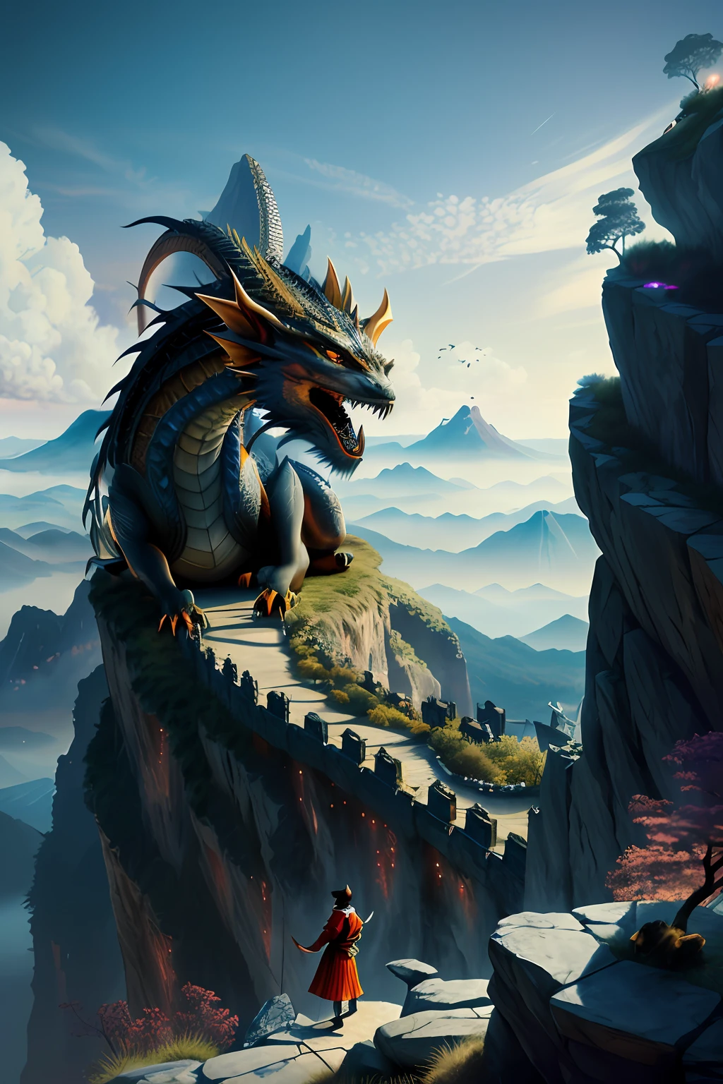 People watching from the edge of the cliff,There is a Chinese dragon hovering over the rocks,Aerial body,Highly detailed digital art in 4K, cyan chinese dragon fantasy, chinese dragon concept art, 4K fantasy art, 4K detailed digital art, 8K high quality detailed art, oil painting of dragon, Concept art wallpaper 4K, Dragon Art, epic dragon, 4 k highly detailed art, Epic fantasy digital art style