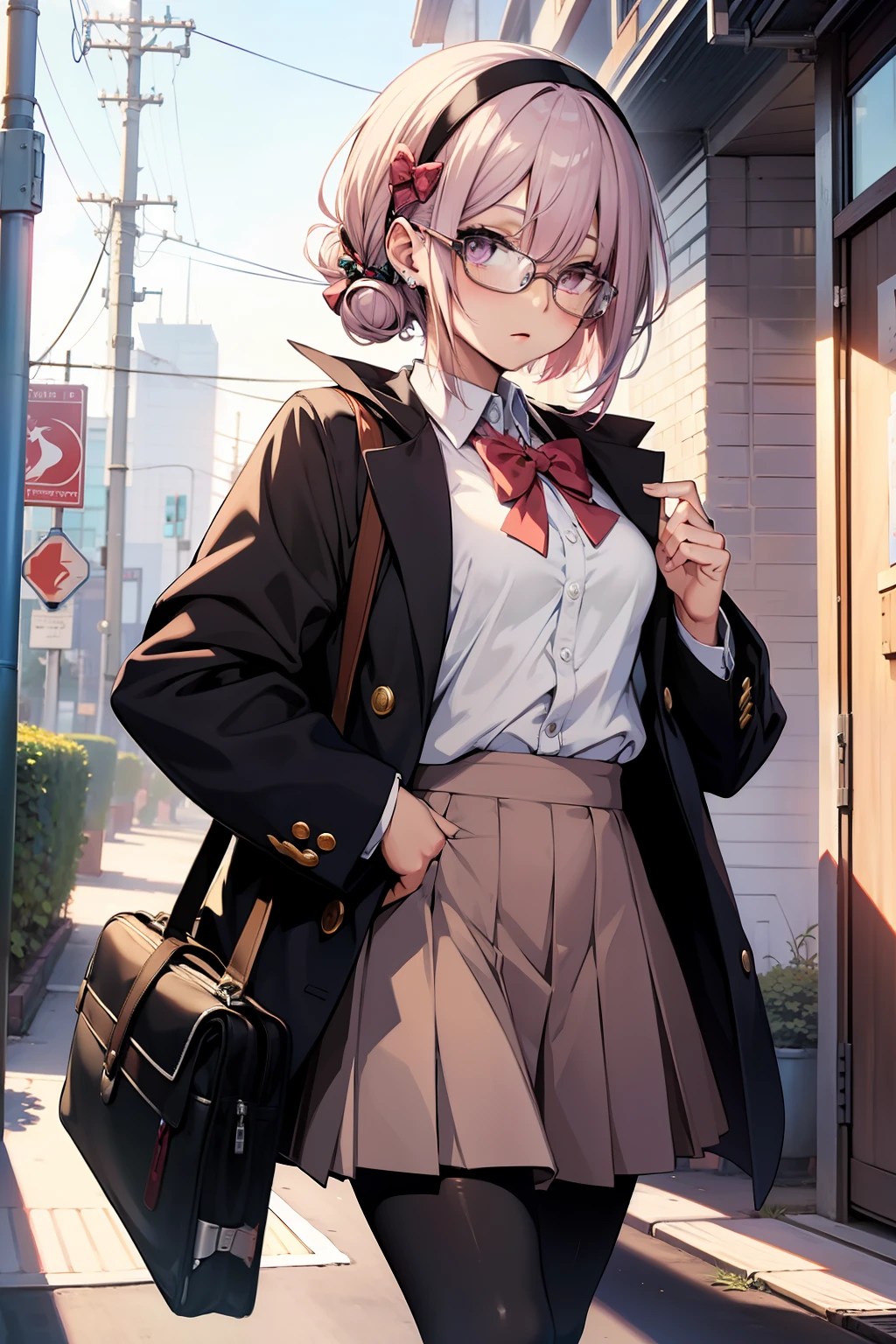Anime,(masterpiece:1.5), (bestquality), highlydetailed, ultra-detailed, short hair,Half updo,pink hair, silver eyes,hairband,glasses,hair_bow,cute girl,small breasts,school uniform,seifuku,pantyhose,white legwear