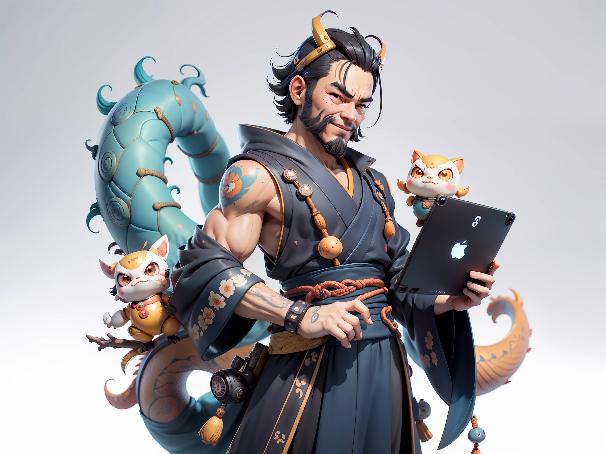 (Daisaku),(Need),(Super meticulous),(full bodyesbian:1.2),Japanese ukiyo-e girl,japanese geisha,Beautiful,Oriental dragon,Aeolian Thor,Raised sexy,爆乳,Oriental face,TV Anchor,Bust portrait illustration,Alone,In black suit,a blue tie,The face is slightly chubby,The face was clean,without a beard,Black super short hair,Black eyes,Smile confidently,3C computer sub-products,iPad, iphone,Digital painting,3D character design by Mark Clairen and Pixar and Hayao Miyazaki and Akira Toriyama,The illustration is a high-definition illustration in 4K resolution,With very detailed facial features and cartoon-style visuals。