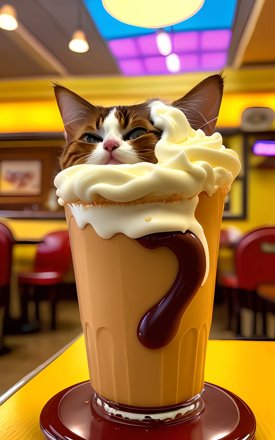 POV photo of an amazing cat and snozboffle milkshake with chocolate syrup. Background of the interior of the busy retro restaurant, pessoas ao fundo, kodak vision 3