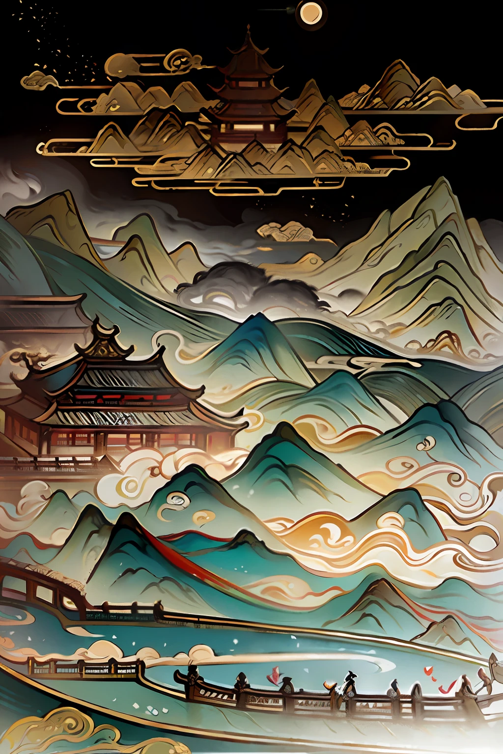 An ancient Chinese painting, ancient Chinese background, mountains, rivers, auspicious clouds, pavilions, sunshine, masterpieces, super detail, epic composition, ultra HD, high quality, extremely detailed, official art, unified 8k wallpaper, Super detail, 32k -- v 6