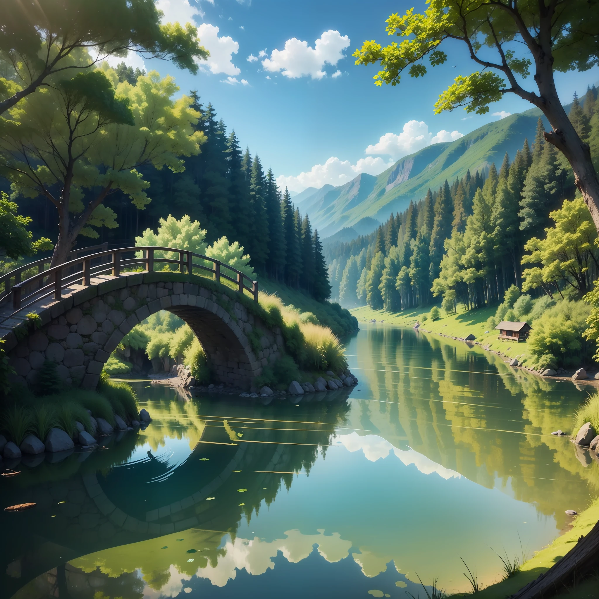 Verdant mountains、The surface of the lake ripples、Ancient bridge flowing water、Fishing boats sing late
